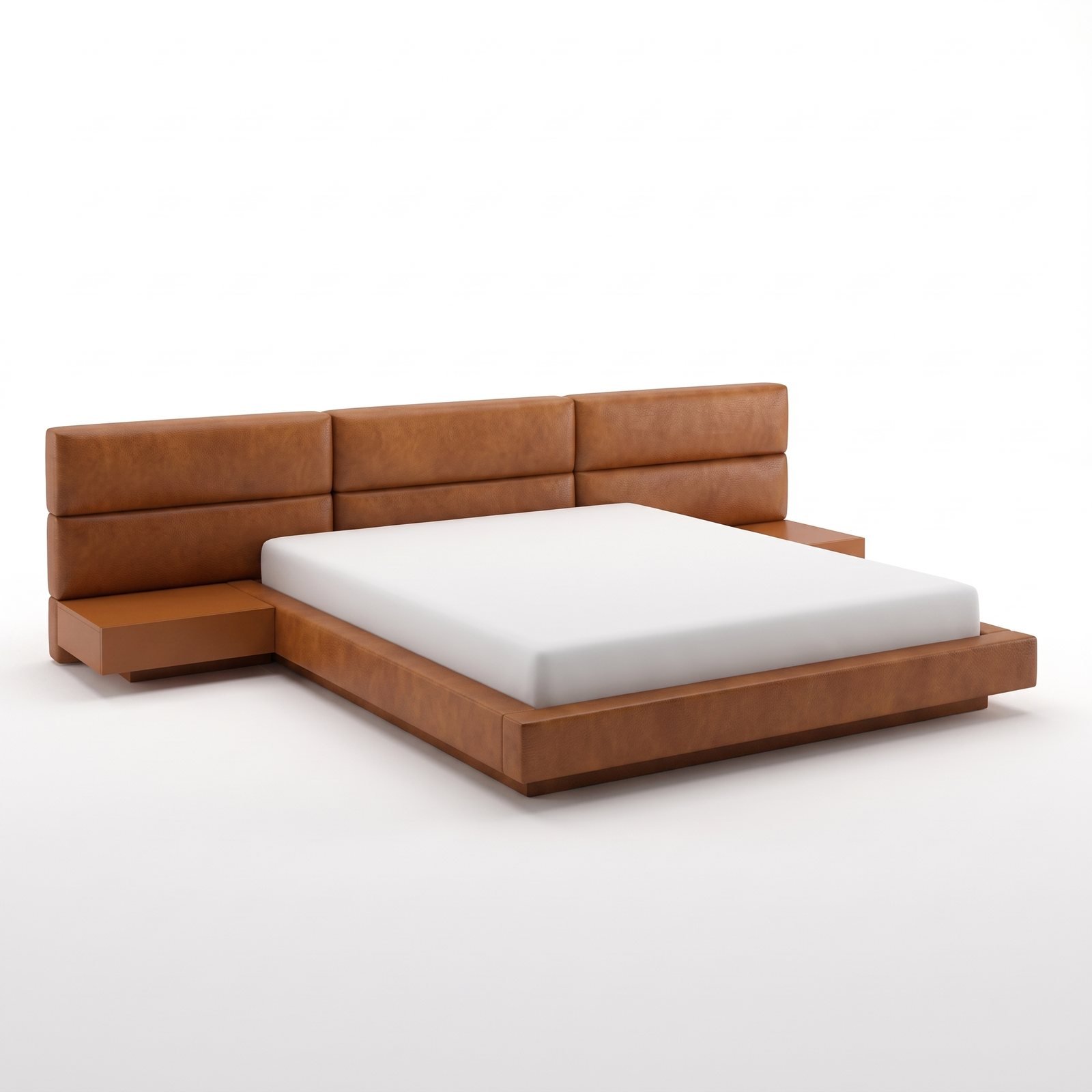 Cabeceira de cama Cancún larga, em painéis horizontais, com cama plataforma e mesas laterais, em tom caramelo com aspecto de couro, em fundo branco