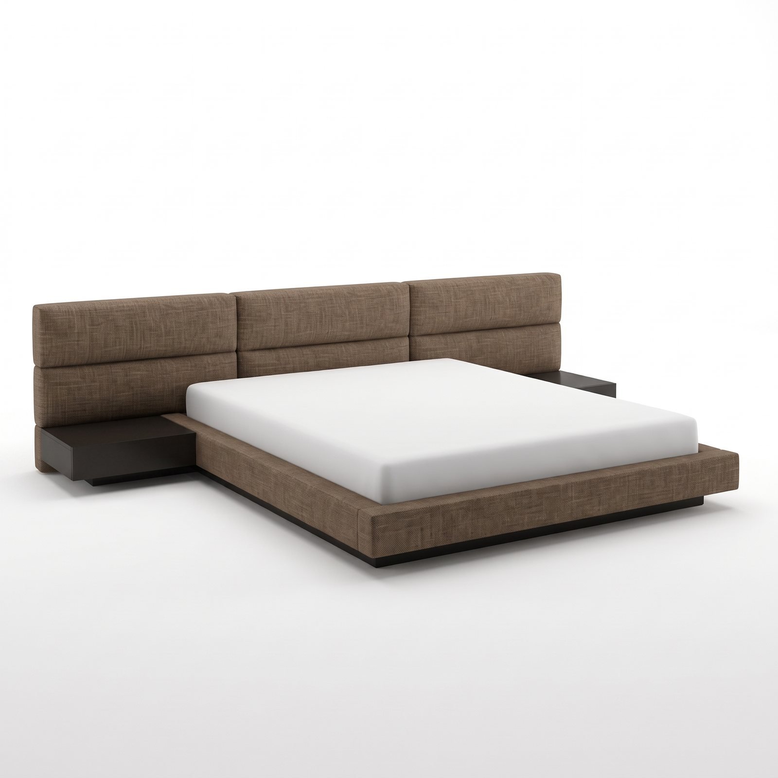 Cabeceira de cama Cancún larga, em painéis horizontais, com cama plataforma e mesas laterais, em tom taupe, em fundo branco