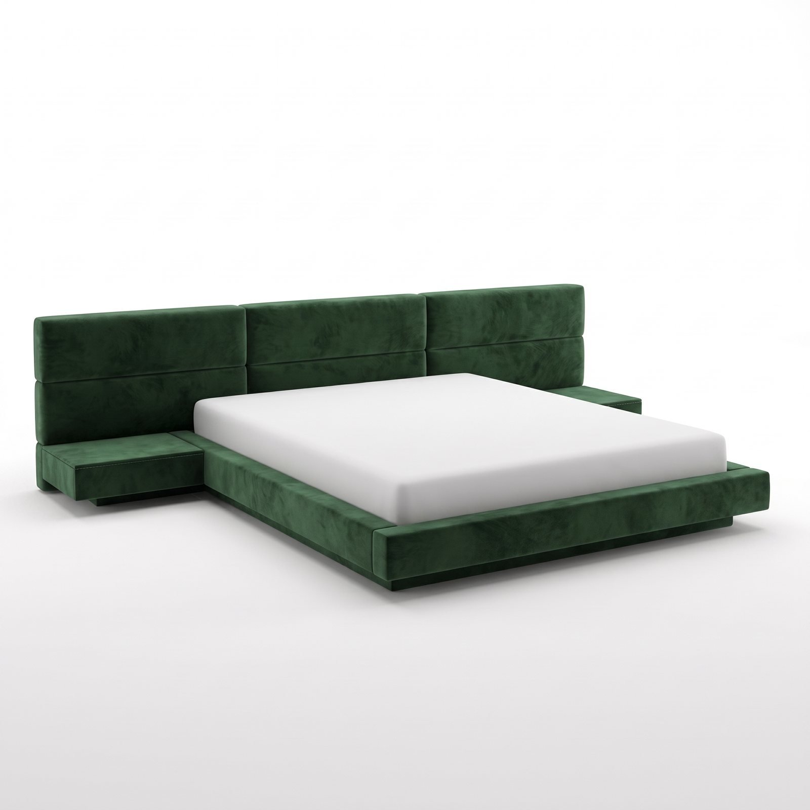 Cabeceira de cama Cancún larga, em painéis horizontais, com cama plataforma e mesas laterais, em veludo verde, em fundo branco