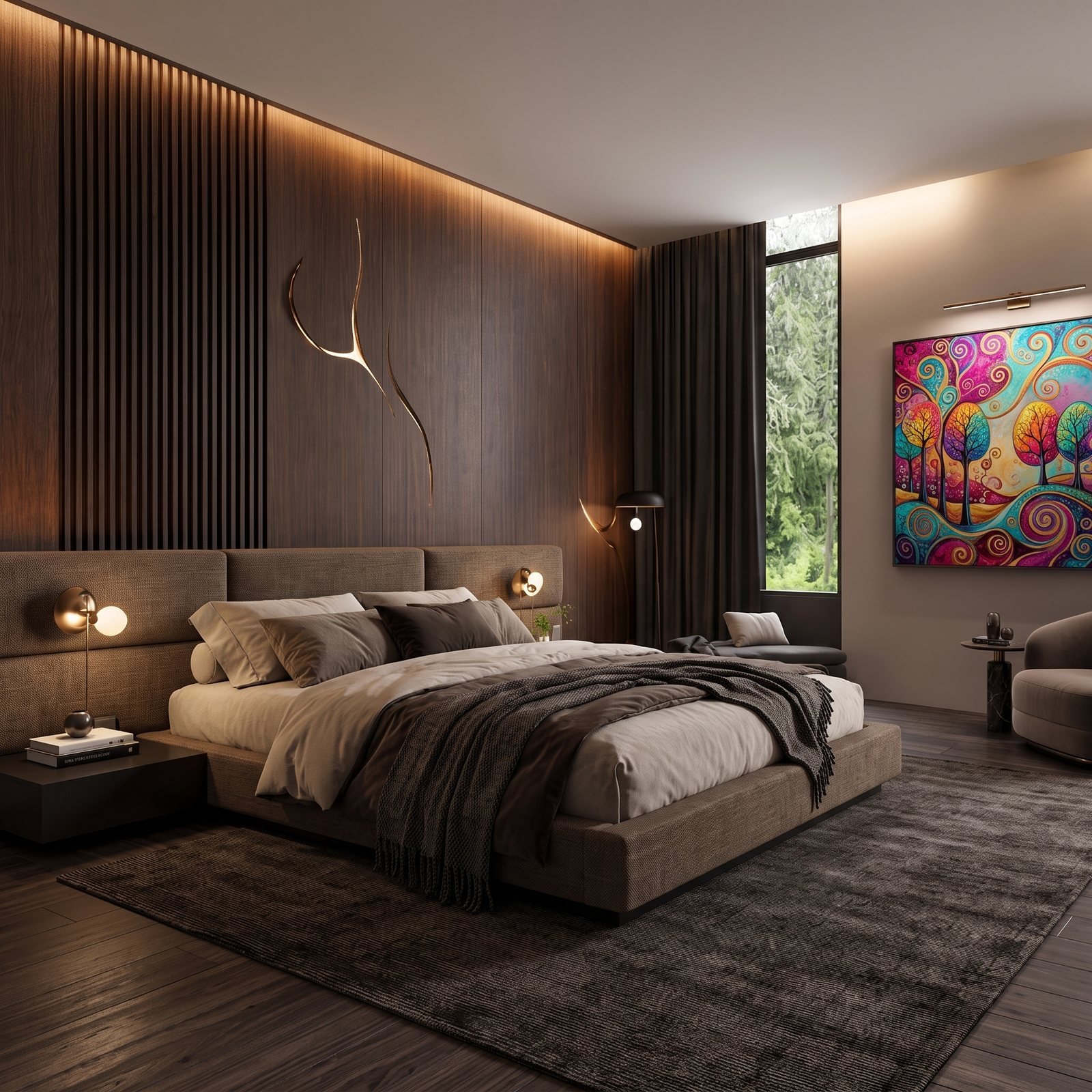 Quarto escuro com parede de madeira ripada e iluminação indireta, cama plataforma estofada com cabeceira larga em painéis horizontais, mesas de cabeceira e tapete (imagem ilustrativa criada por computador)
