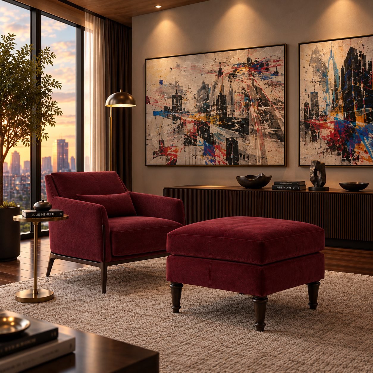 Sala com poltrona e puff Avare em veludo vinho sobre tapete, mesa lateral de metal, aparador escuro, quadros coloridos e janelão com vista de uma cidade ao entardecer