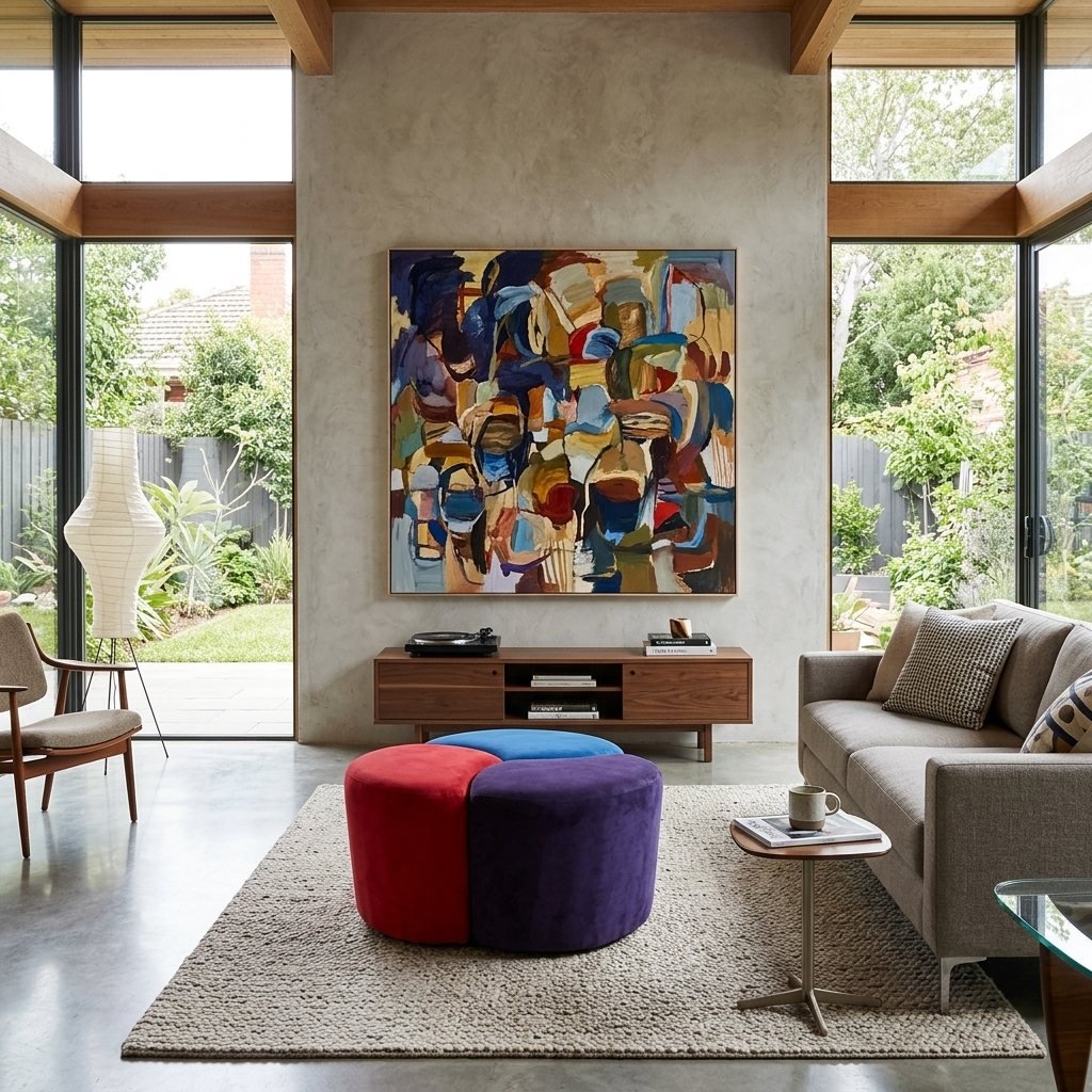 Sala de pé-direito alto com parede e piso de concreto, janelas de vidro para o jardim, quadro abstrato colorido, aparador de madeira, sofá cinza e puff Luna em quatro pétalas coloridas sobre tapete felpudo