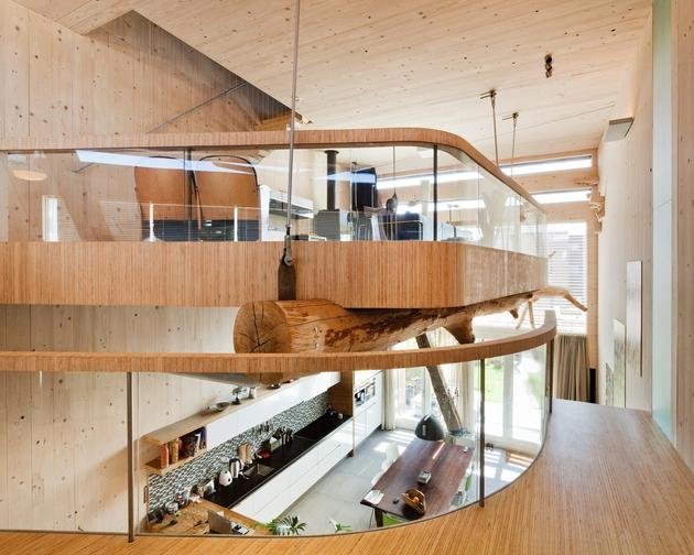 Interior com tronco sustentado por cabos