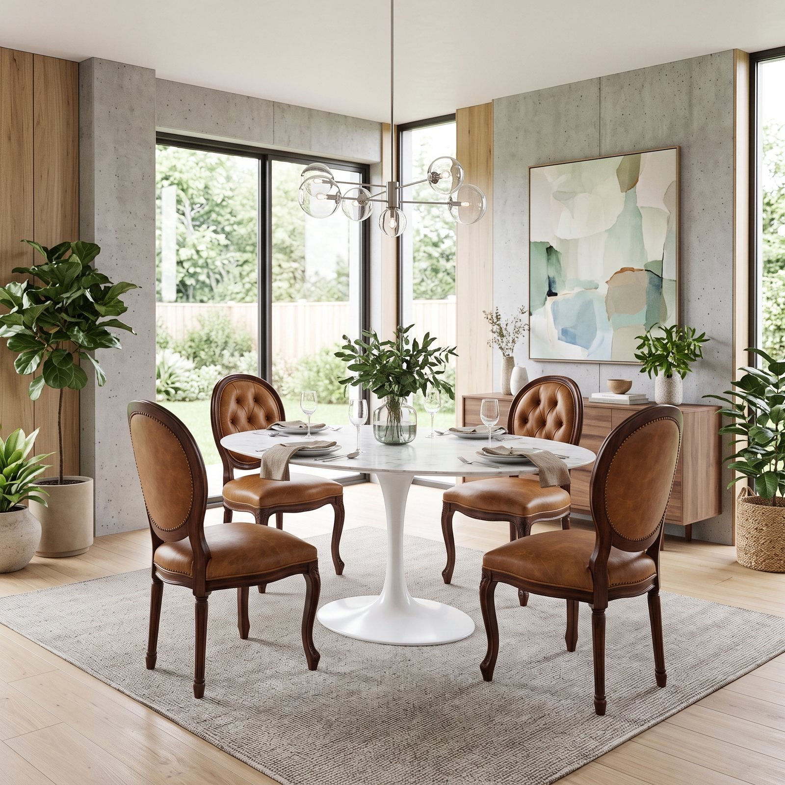 Sala de jantar com mesa Saarinen Tulipa redonda de tampo de mármore e base branca, quatro cadeiras medalhão de couro caramelo e pendente de esferas