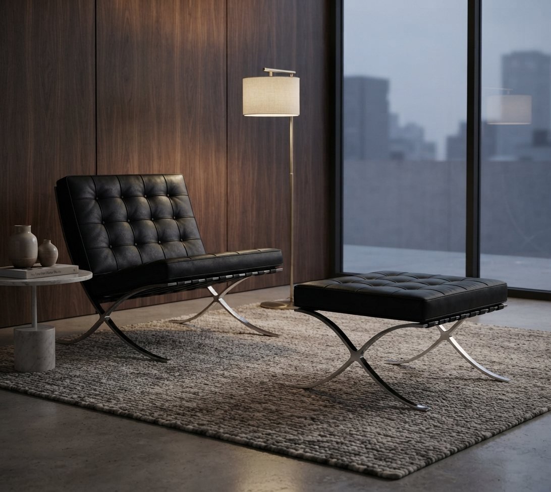Poltrona Barcelona e banqueta de couro preto capitonê com base em X de aço cromado, sobre tapete felpudo, junto a painel de madeira escura, mesa lateral redonda e janelão