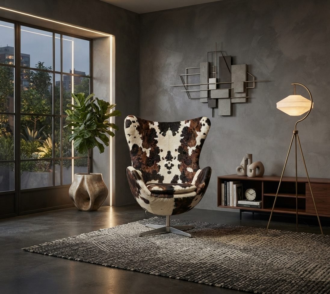 Sala de paredes de cimento queimado com poltrona Egg de pele natural malhada, luminária de piso de abajur claro, estante de madeira, tapete texturizado e janelão com fita de luz