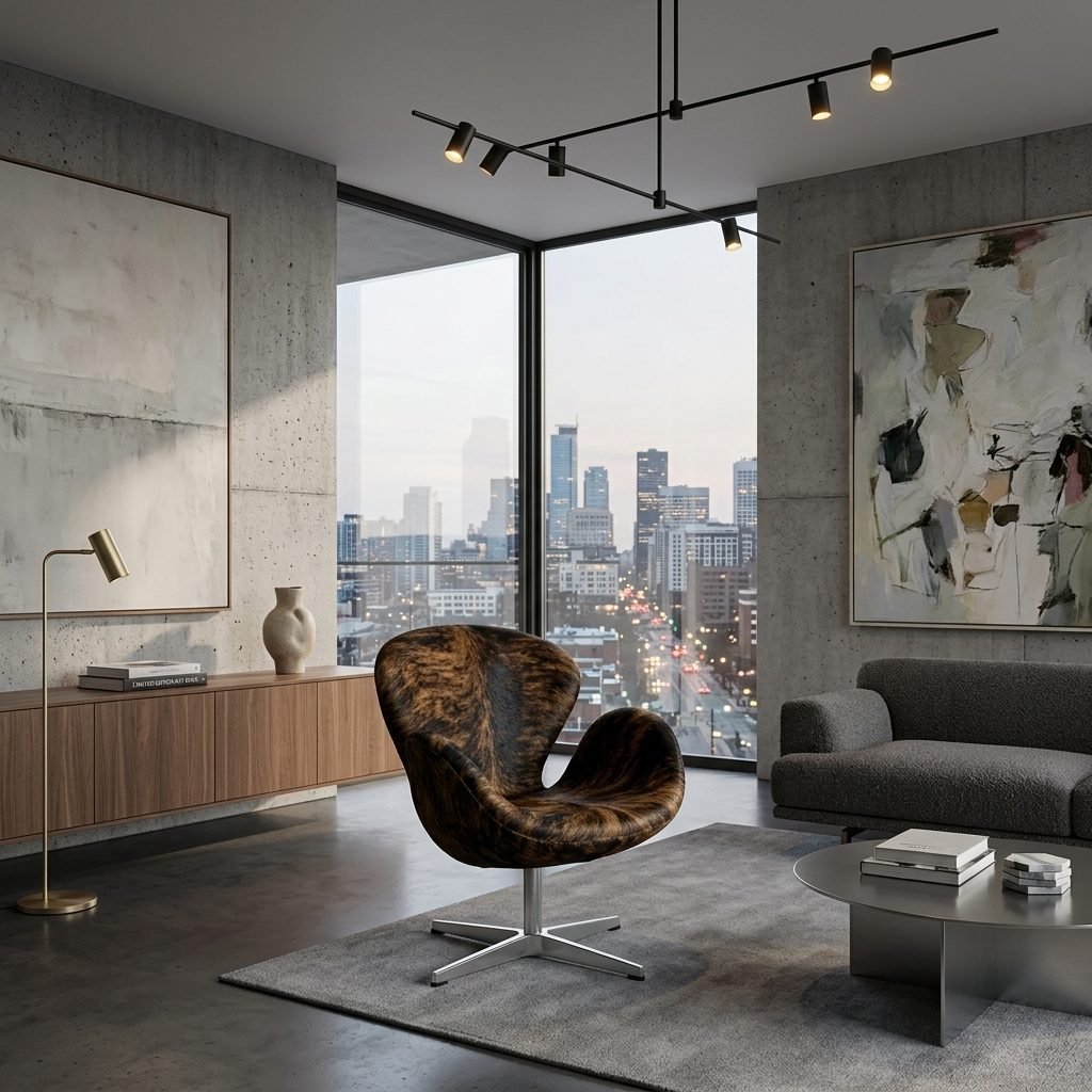 Sala de paredes de concreto com poltrona Swan de pele natural rajada marrom, sofá cinza, mesa de centro redonda de metal, luminária de piso, trilho de luz e janela com vista da cidade