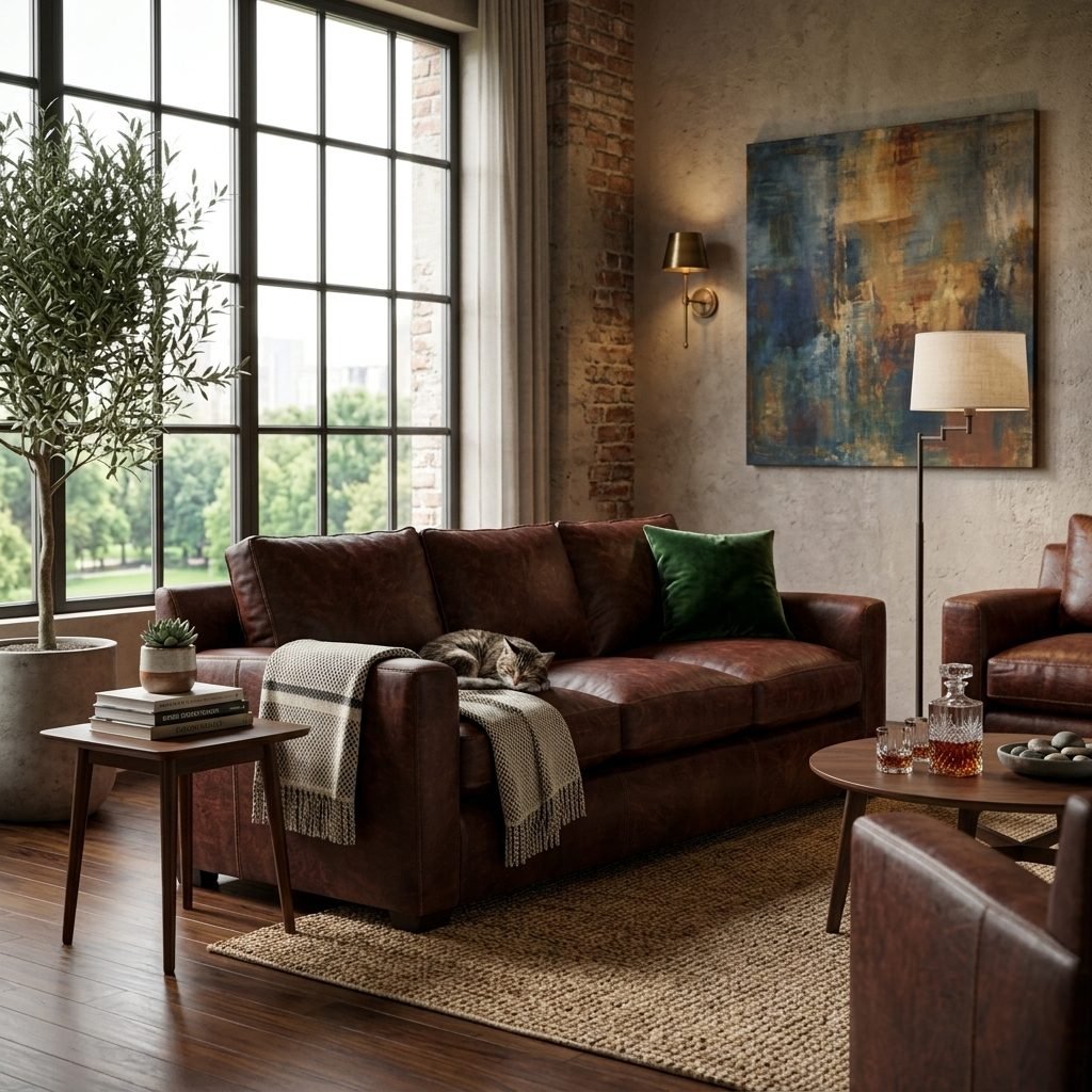 Sofá Axis de couro marrom em loft com parede de tijolo, janelões de ferro, almofada verde, manta, mesa lateral de madeira, luminária de piso, oliveira em vaso e tapete de fibra