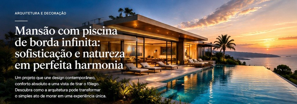 Mansão contemporânea com piscina de borda infinita ao pôr do sol, com o título do artigo à esquerda