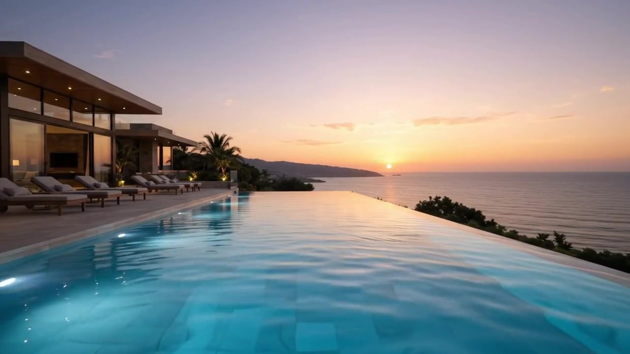 Mansão contemporânea com piscina de borda infinita iluminada ao pôr do sol, espreguiçadeiras no deck e vista para o mar