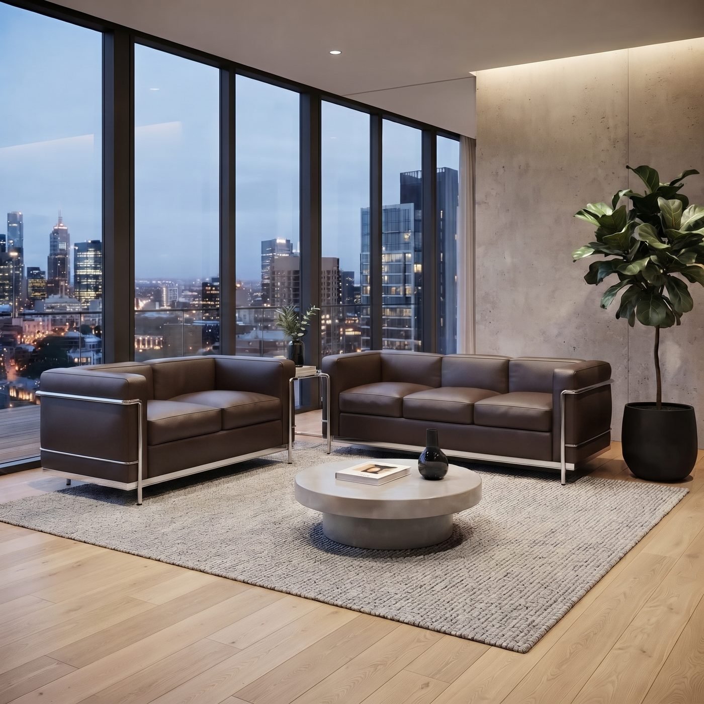 Sala com janelões e vista da cidade, dois sofás Le Corbusier LC2 de couro marrom frente a frente, tapete claro, mesa de centro redonda de concreto e vaso com planta