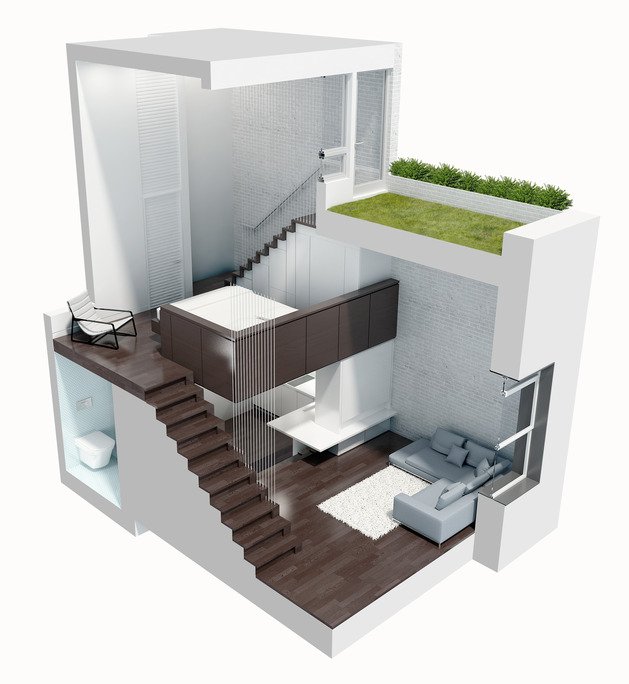 Projeto do micro loft visto em 3D, com as plataformas empilhadas