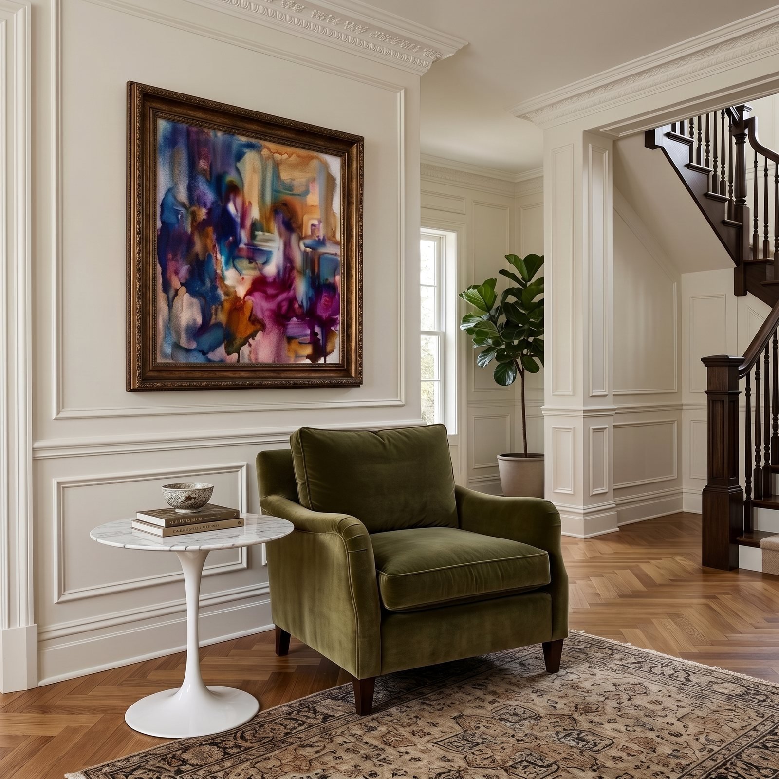 Hall de paredes claras com boiserie, mesa lateral Saarinen de tampo de mármore branco e base tulipa, poltrona de veludo verde-oliva, quadro colorido, tapete estampado e escada ao fundo