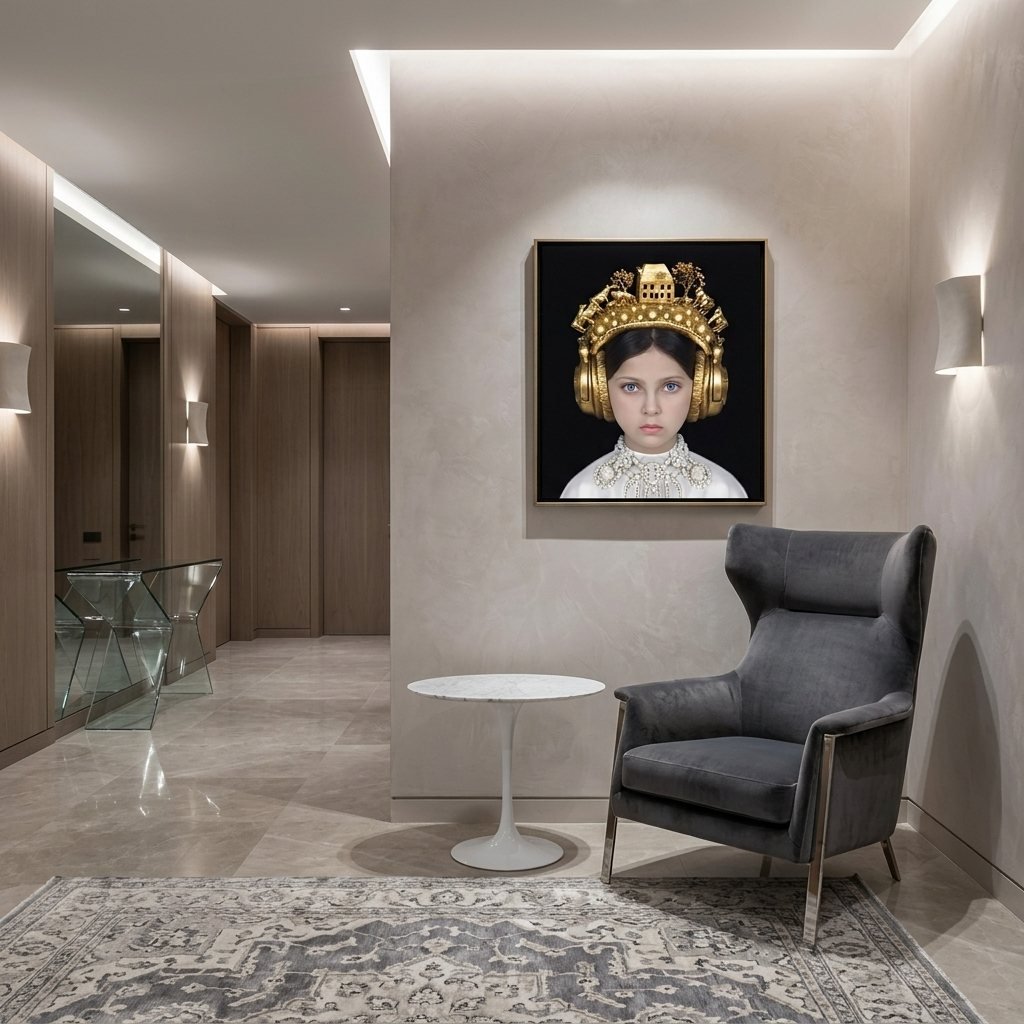 Hall de paredes de cimento queimado com luz indireta no teto, mesa lateral Saarinen redonda de tampo de mármore, poltrona cinza de braços metálicos e retrato com coroa dourada na parede