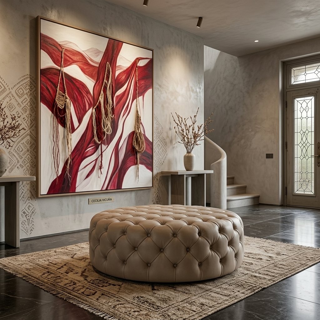 Hall com puff redondo capitonê de couro taupe sobre tapete, grande quadro vermelho na parede, escada e porta de vidro