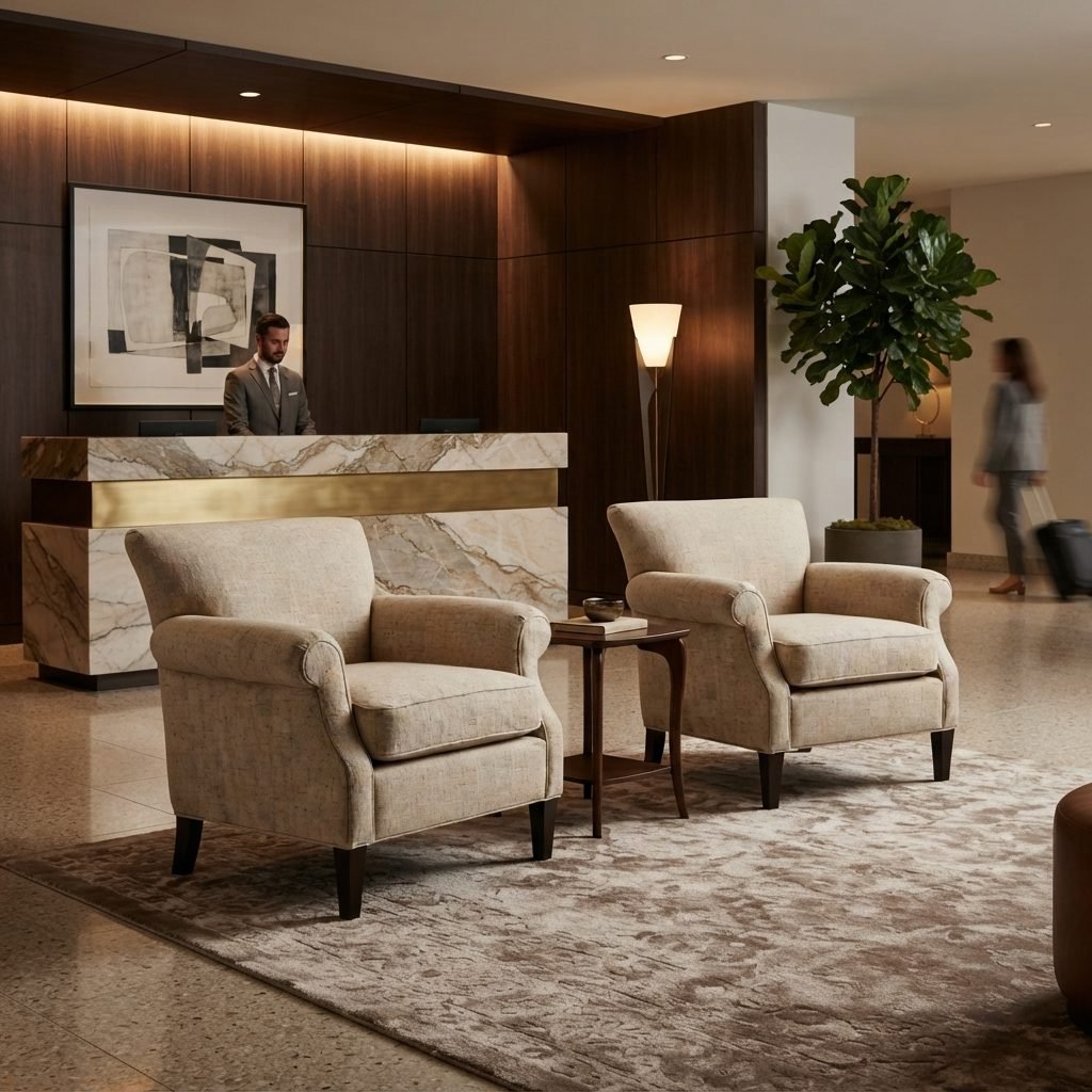 Duas poltronas Bijou de tecido bege em lobby de hotel, com mesa lateral de madeira entre elas, balcão de recepção de mármore e latão, luminária de piso, figueira e tapete claro