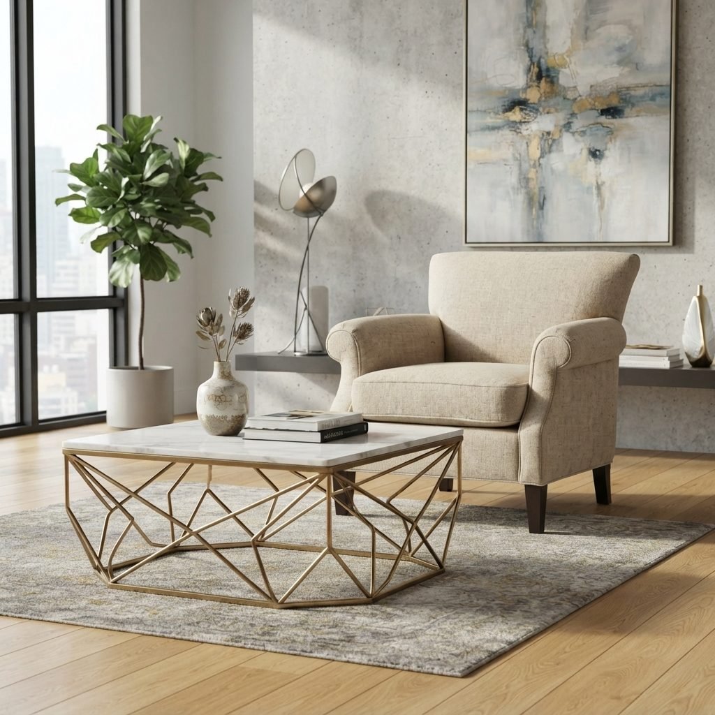 Poltrona Bijou de tecido bege em sala clara com mesa de centro de estrutura dourada e tampo de mármore, vaso com galhos secos, tapete cinza, planta em vaso e quadro abstrato
