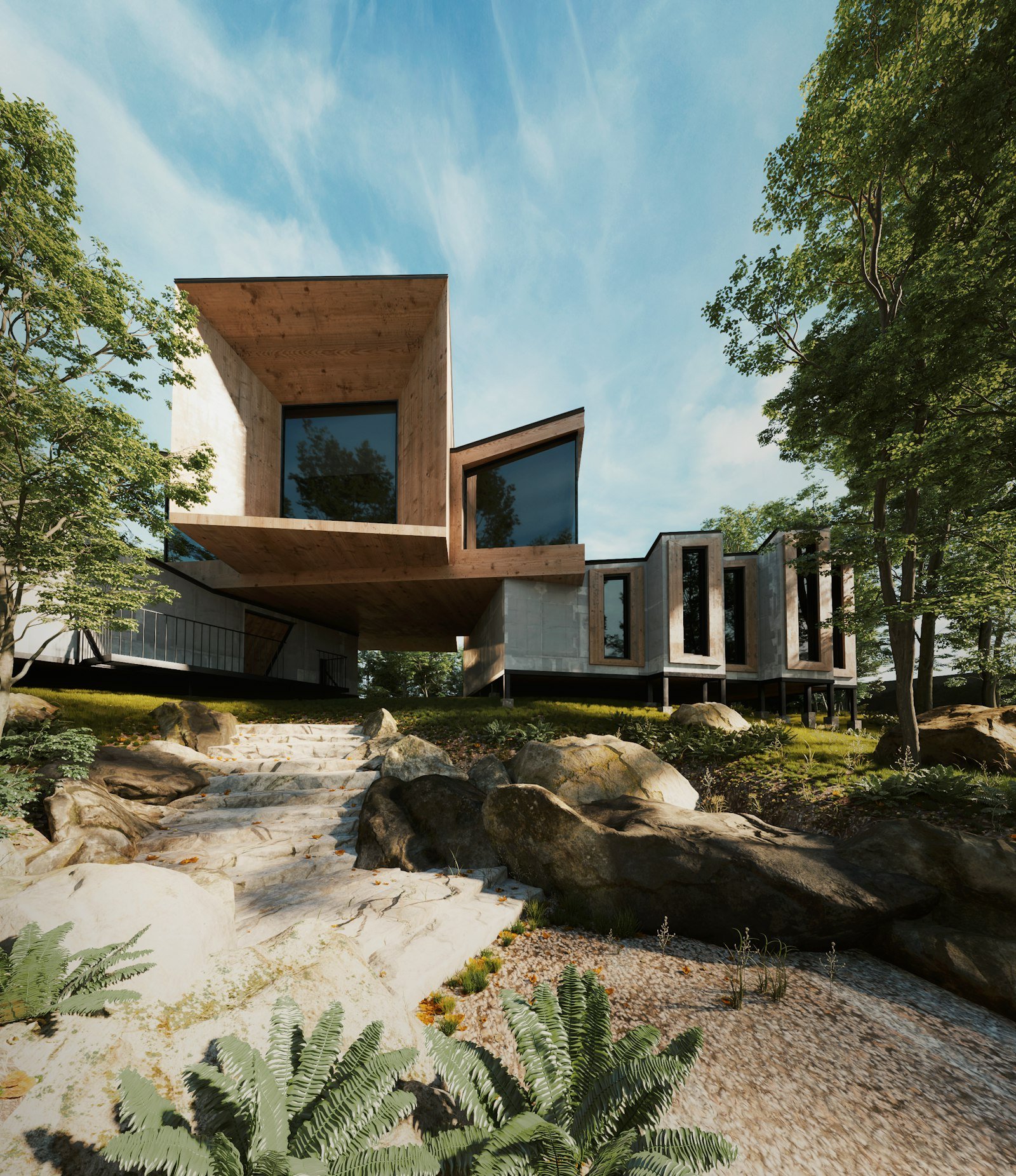 Casa contemporânea de vidro e madeira entre pedras e vegetação, imagem ilustrativa de uma casa integrada à natureza
