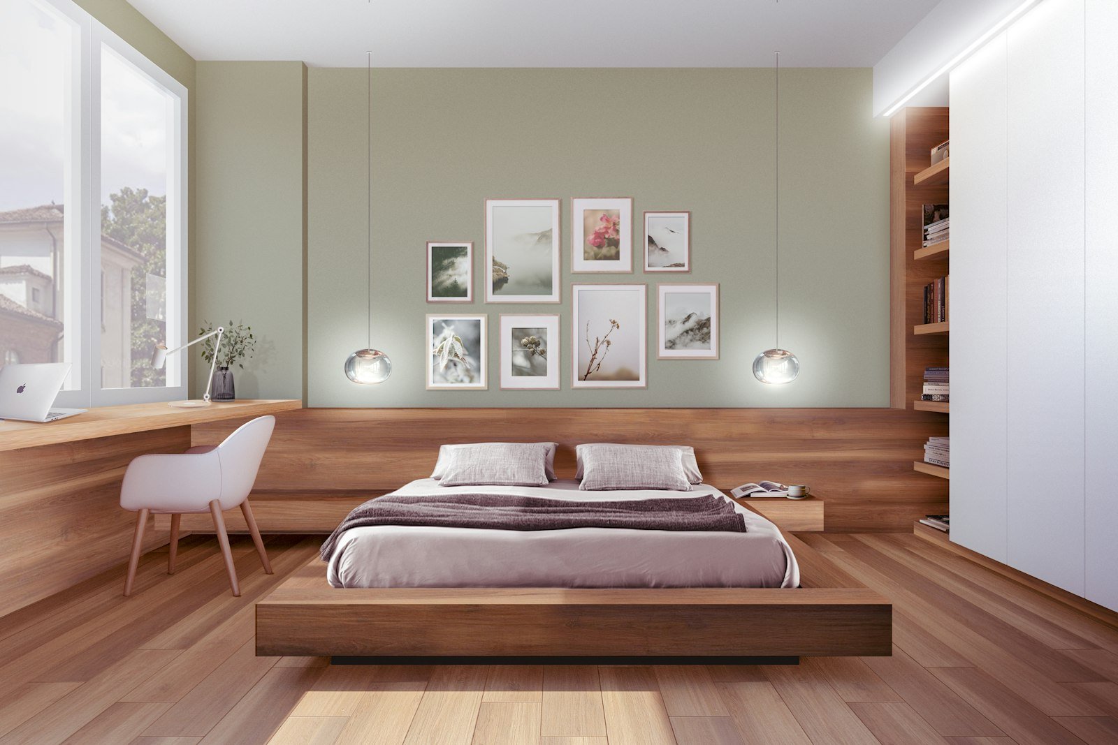Quarto com cama baixa sobre base de madeira, roupa de cama clara e quadros na parede