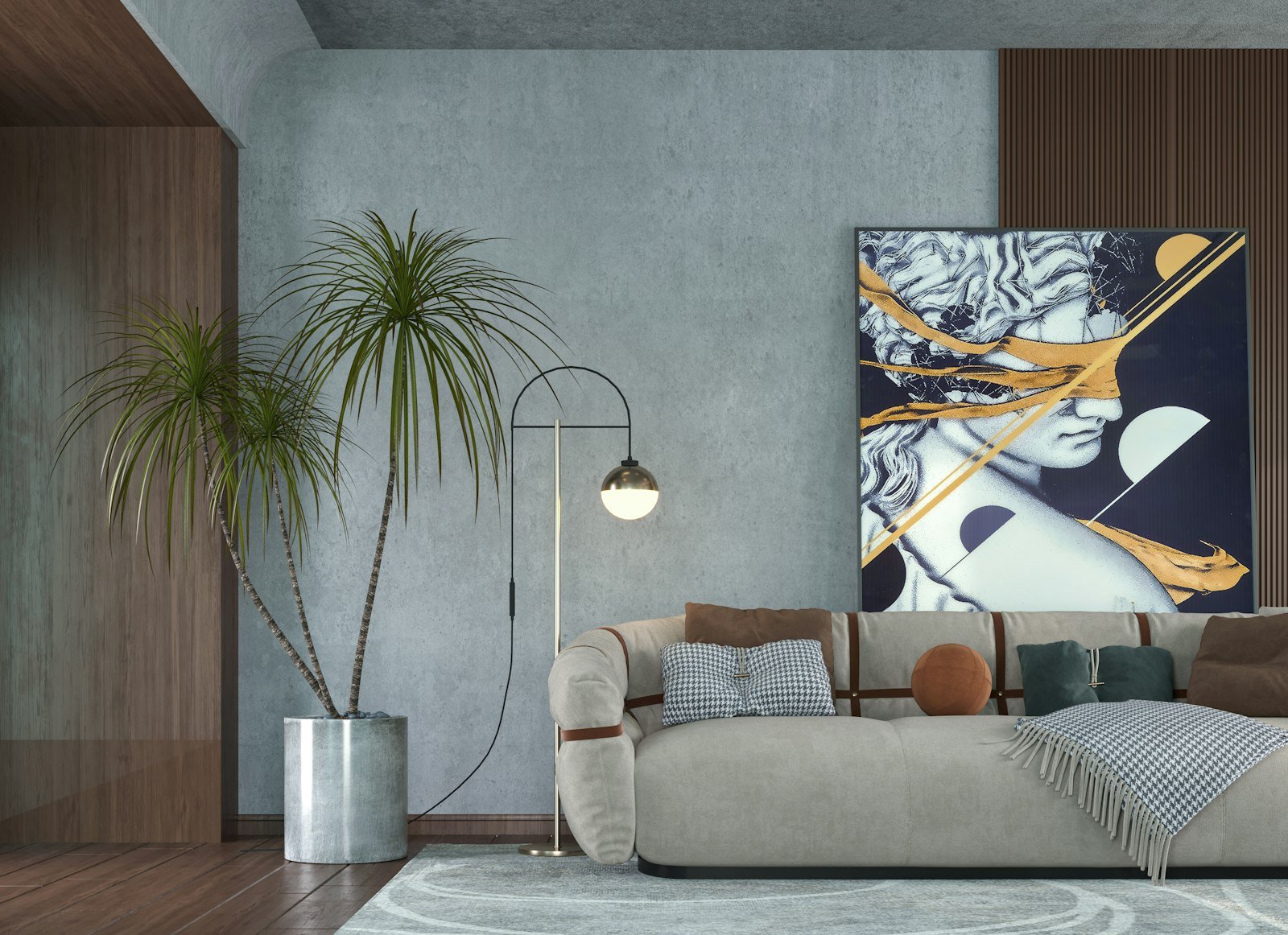 Sala clara com quadro grande na parede, plantas e luminária de piso