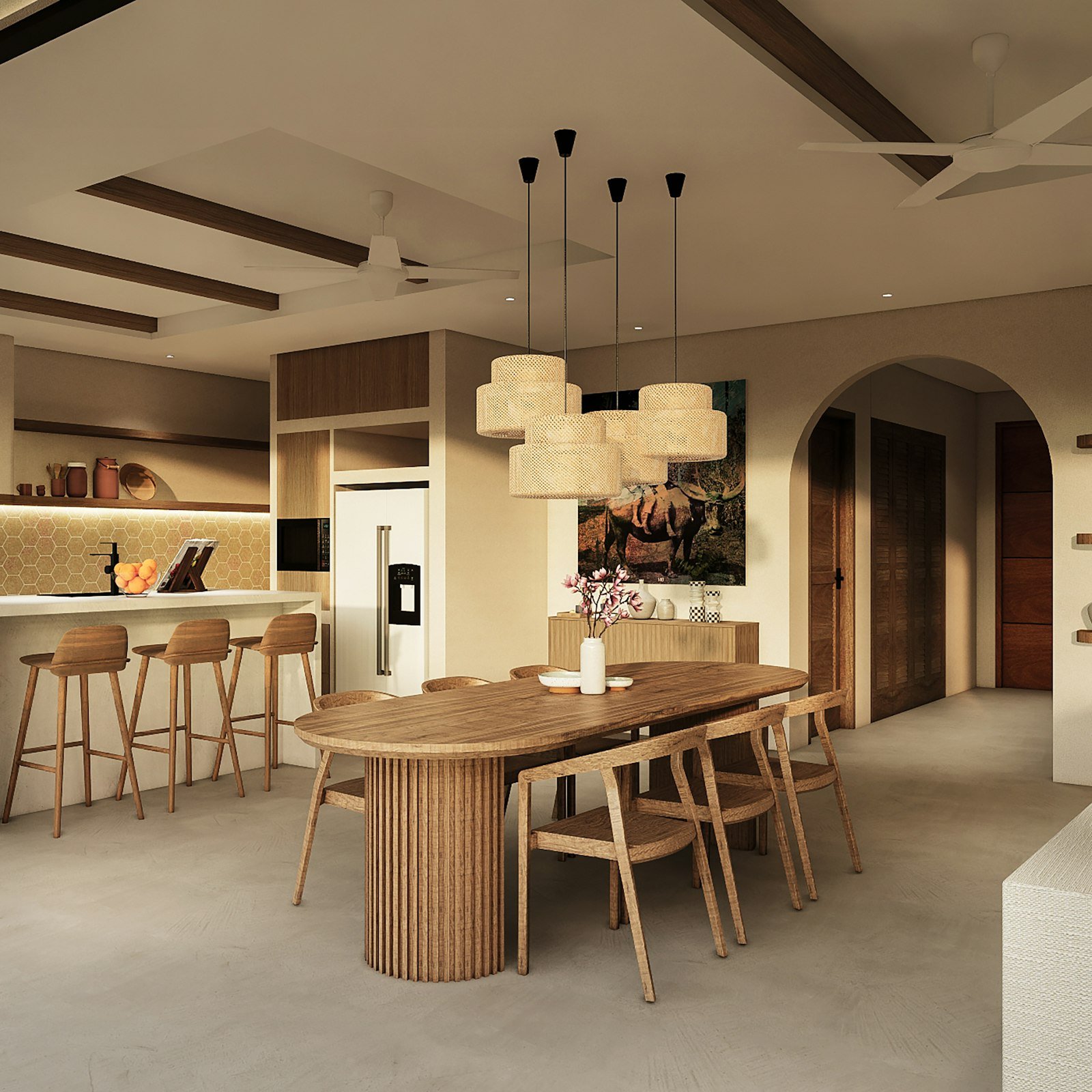 Sala de jantar integrada à cozinha, com mesa e móveis de madeira