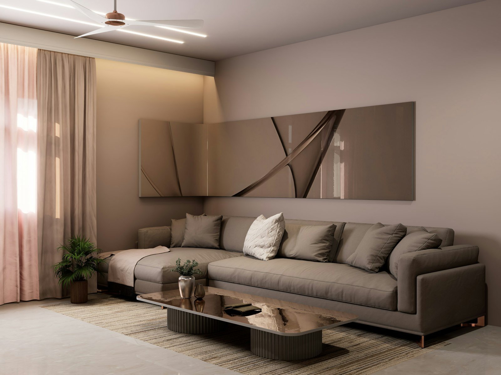 Sala moderna com paleta de cores neutras