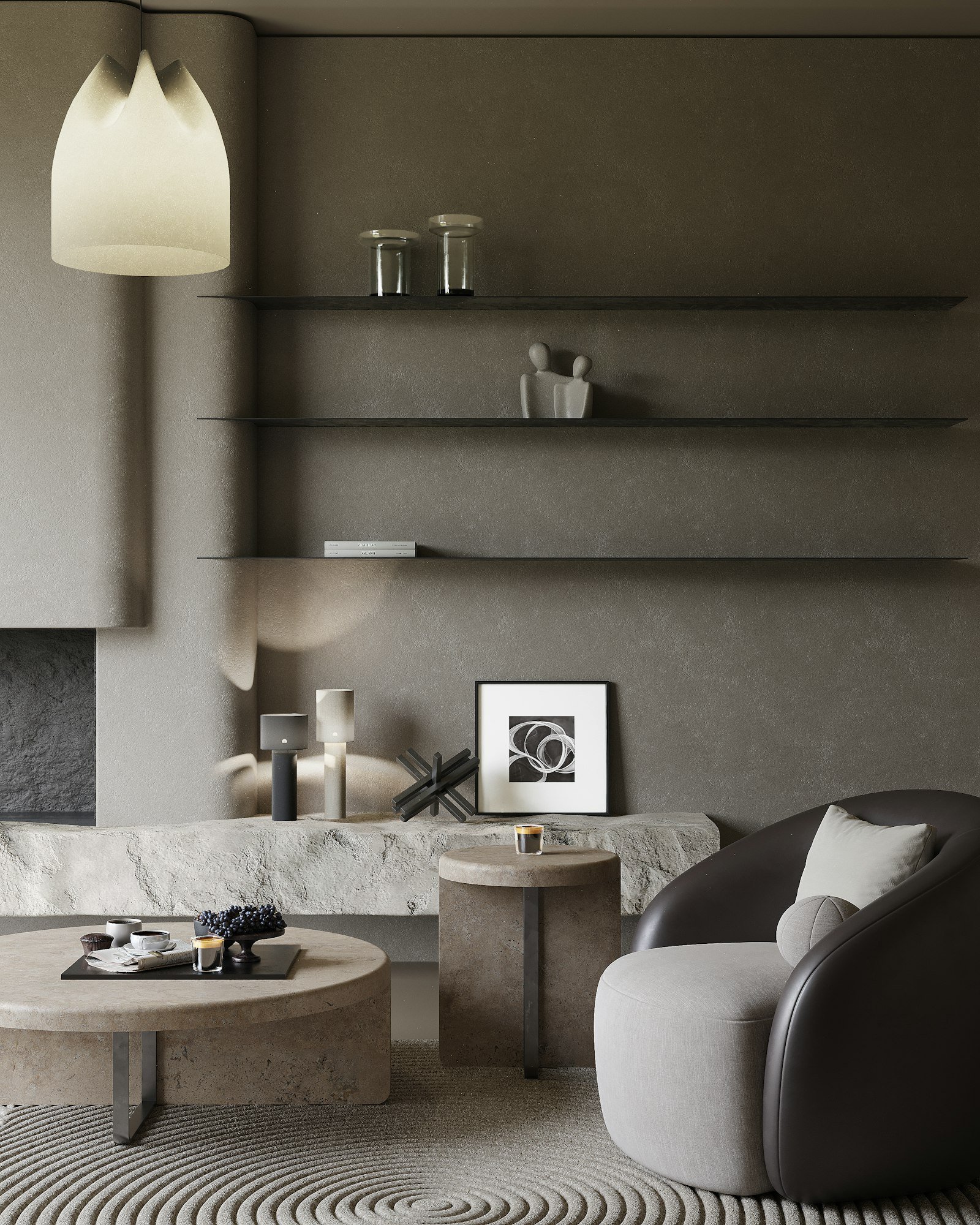 Sala moderna com decoração minimalista e arte abstrata