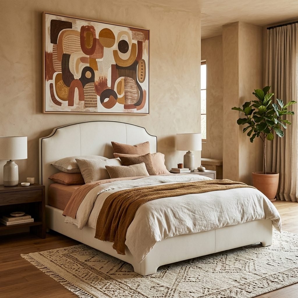 Quarto de parede bege com cabeceira Belvedere creme de topo em arco, cama com manta terracota e almofadas em tons de ferrugem, abajures, quadro abstrato terracota, planta em vaso e tapete claro