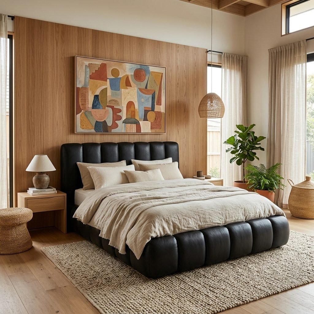 Quarto com painel de madeira na parede, cabeceira Lírio de estofado preto, roupa de cama em linho claro, pendente de vime, criado-mudo de madeira com abajur, tapete de fibra natural e planta