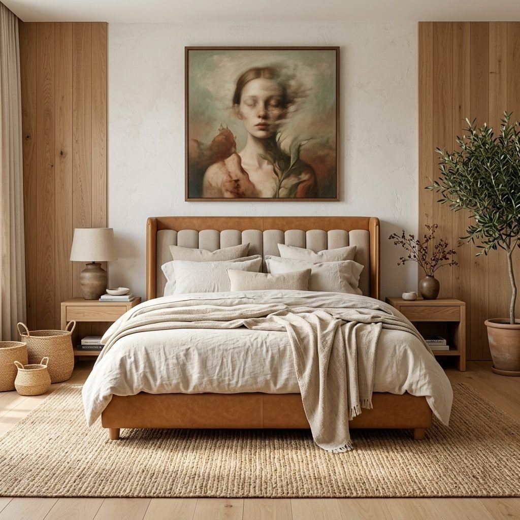 Quarto com painéis de madeira, cabeceira Pérola caramelo com detalhe em gomos, cama com manta de linho, criados-mudos de madeira, oliveira em vaso e tapete de fibra natural