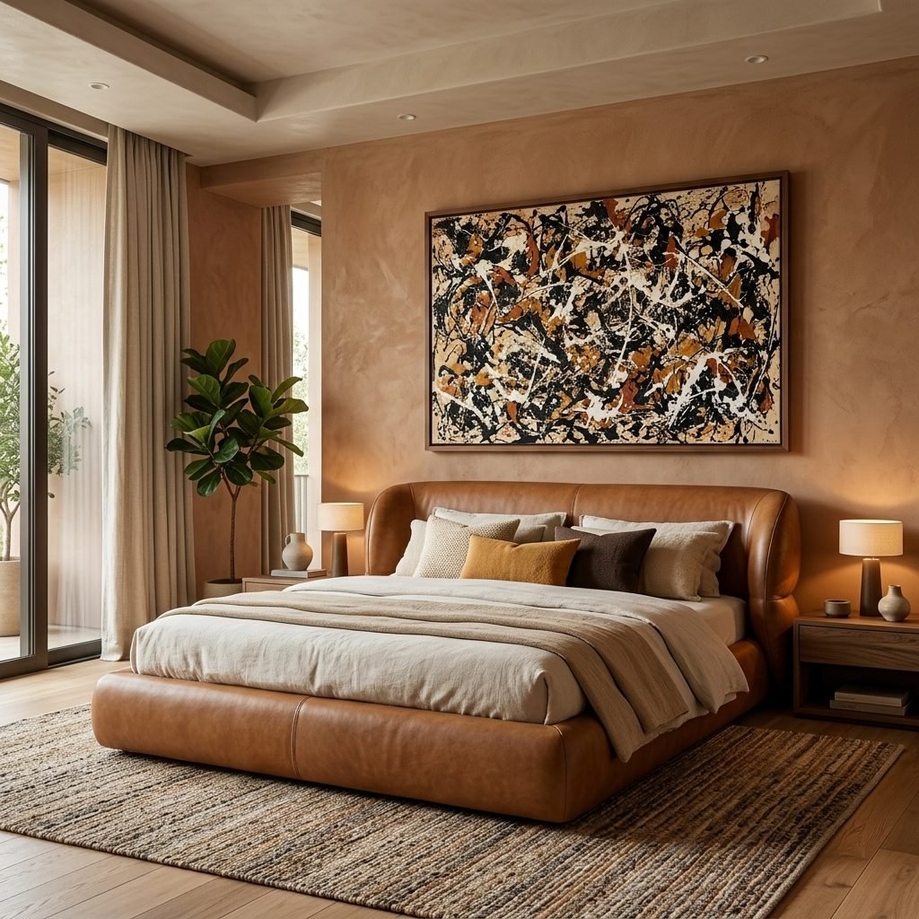 Quarto de parede terracota com cabeceira Royal de encosto em rolo em couro caramelo, abajures nos criados-mudos, quadro abstrato escuro e janelas de vidro
