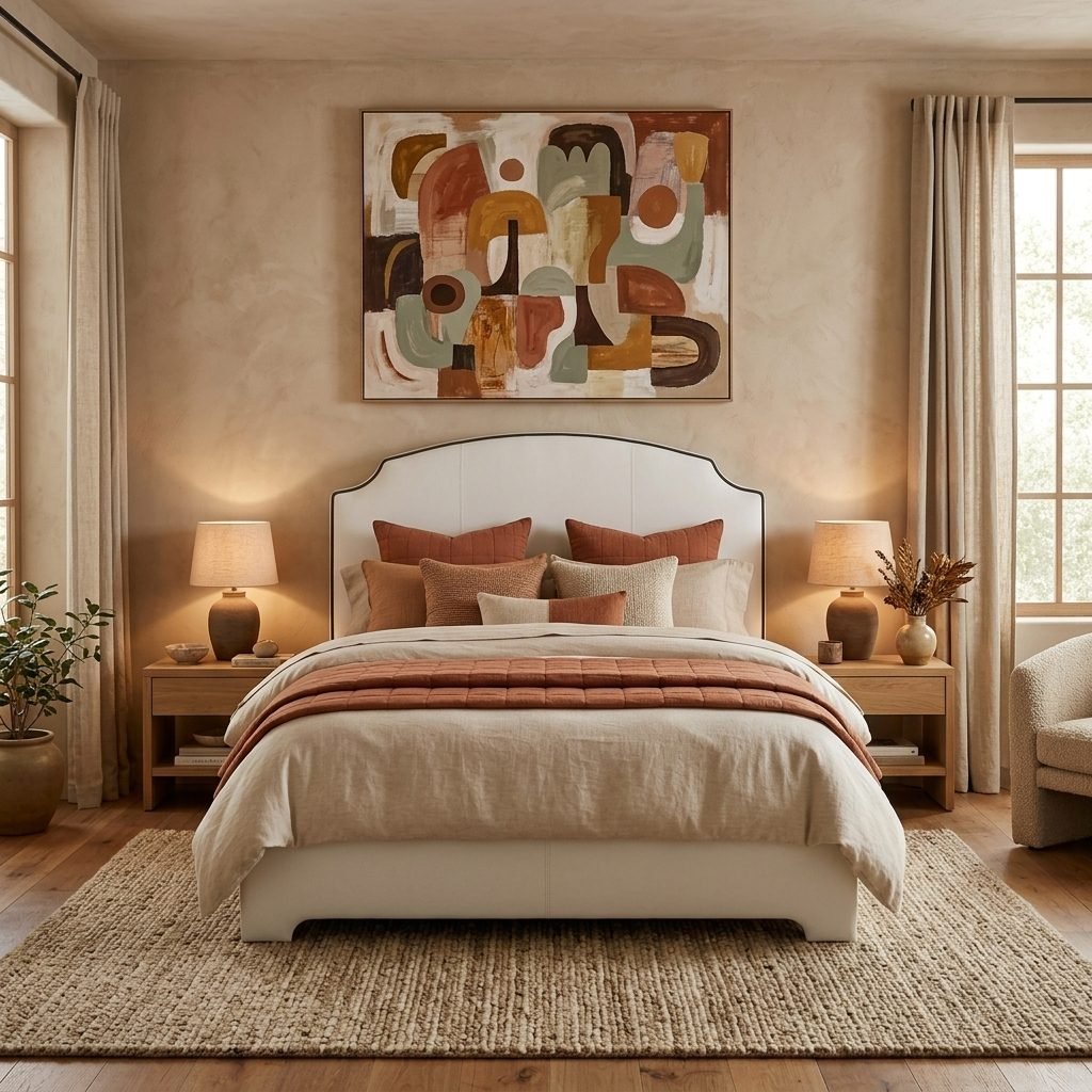 Quarto de parede bege com cabeceira Viena creme de topo recortado, cama com colcha creme e faixa terracota, abajures de cerâmica nos criados-mudos, quadro abstrato e tapete de fibra