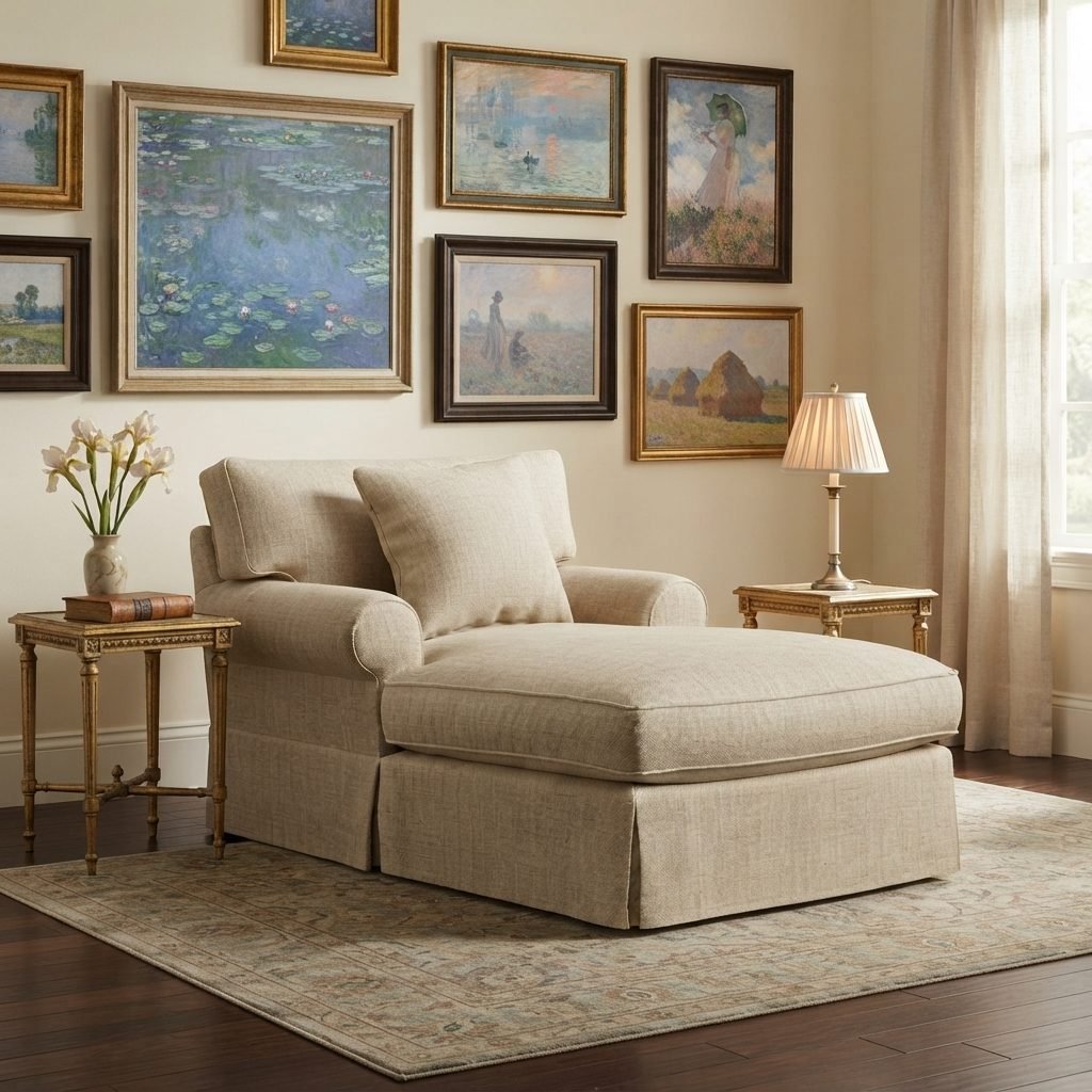 Sala clássica com chaise bege de saia, galeria de quadros emoldurados com paisagens, mesas laterais douradas com abajures, cortinas claras até o chão e tapete persa