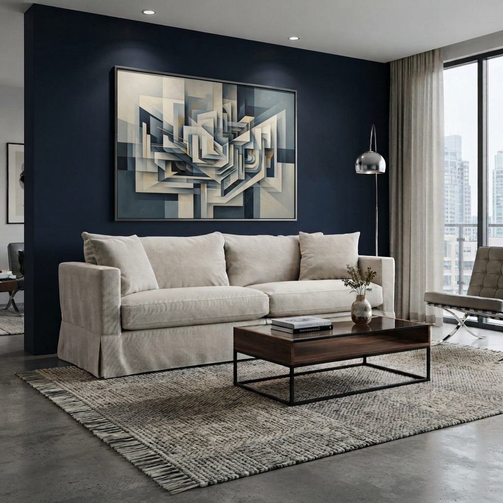 Sala de parede azul-marinho com grande quadro abstrato, sofá Atenas bege de capa, mesa de centro escura, tapete cinza grande, poltronas e janelões com vista da cidade