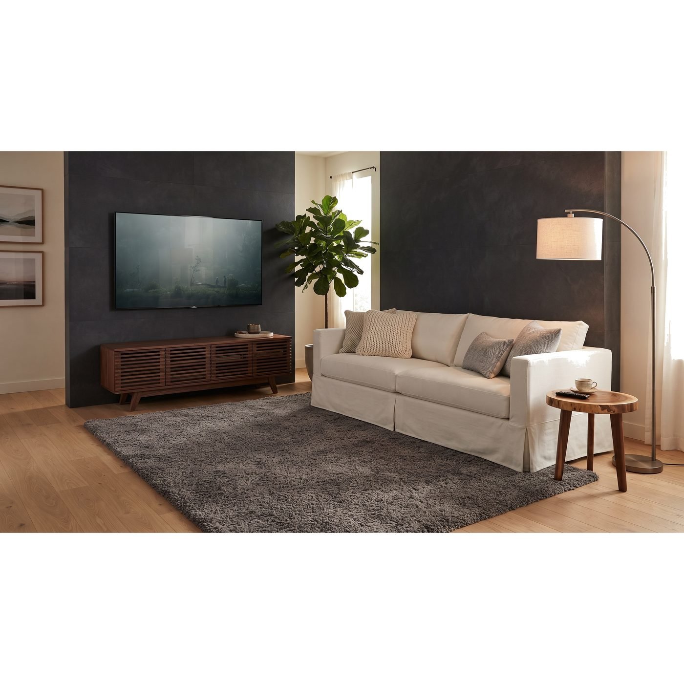 Sala com TV em parede escura, sofá Atenas claro de capa, luminária de piso curva, mesa lateral de madeira, planta, tapete cinza e piso de madeira