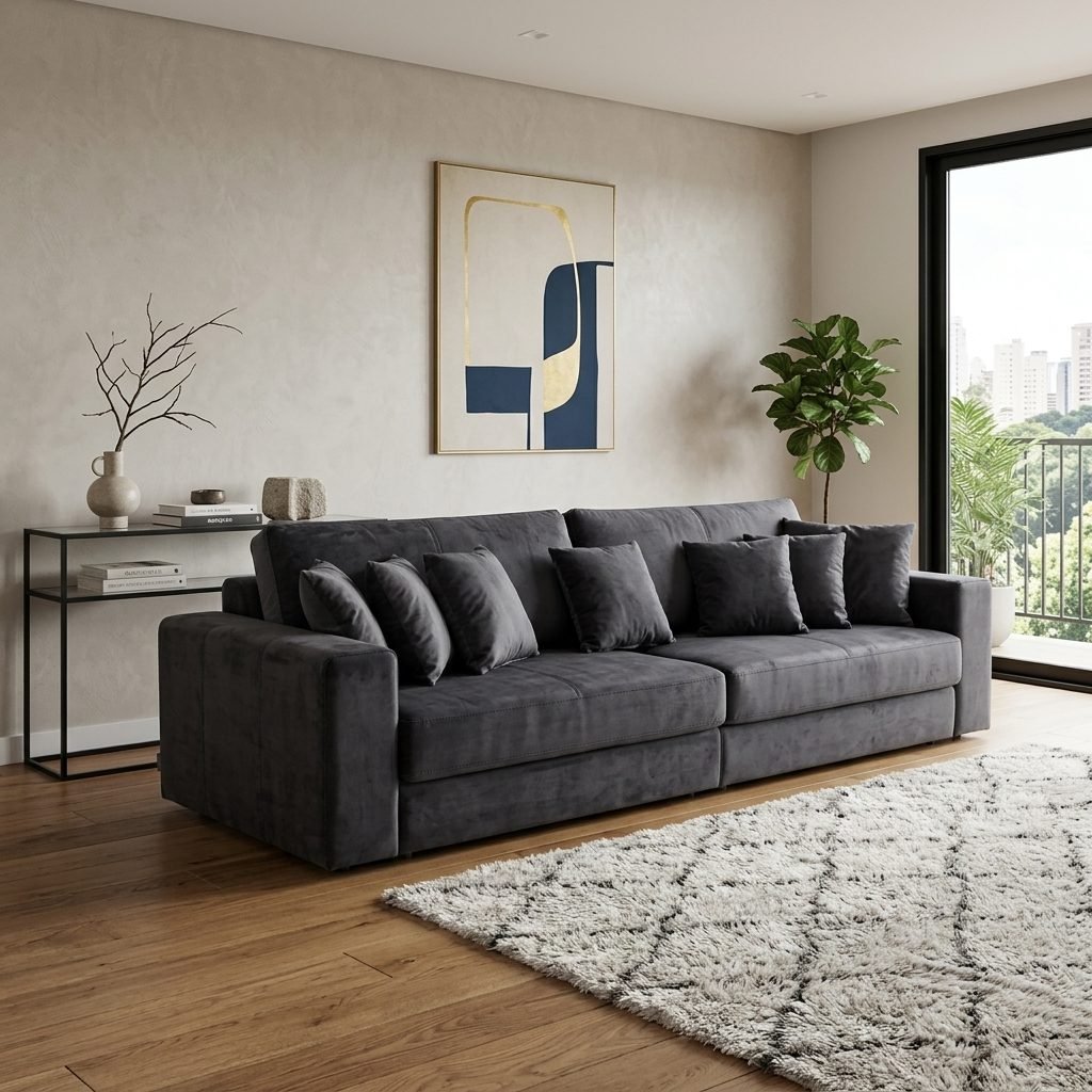 Sala de apartamento com parede de textura clara, sofá ES2022 cinza-escuro com almofadas, tapete felpudo claro, aparador fino de metal, quadro abstrato, planta e porta de vidro para a varanda