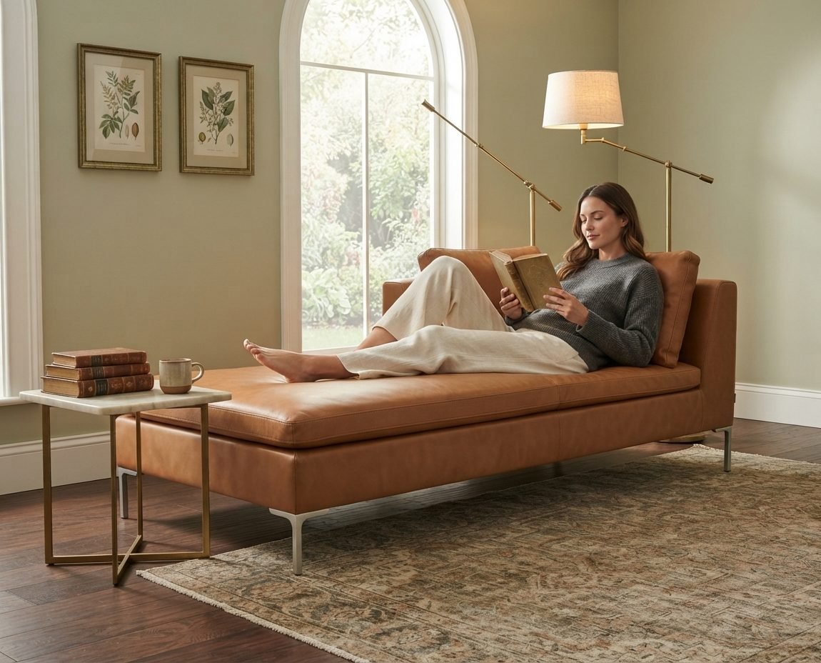 Mulher lendo deitada numa chaise de couro caramelo, ao lado de uma luminária de piso dourada acesa e de uma janela em arco