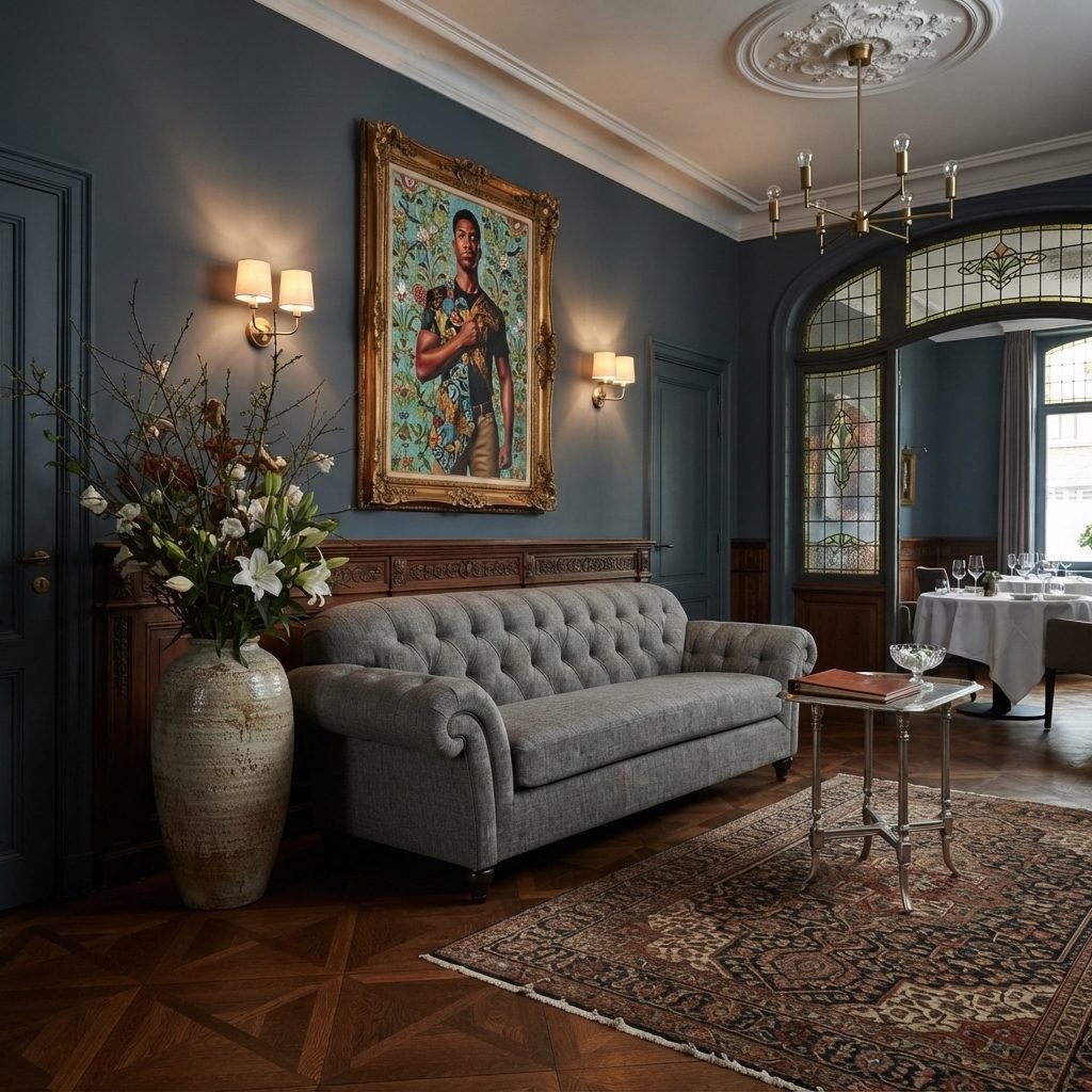 Sala clássica com sofá Chesterfield cinza, parede azul profundo, arandelas acesas, quadro grande em moldura dourada e tapete persa