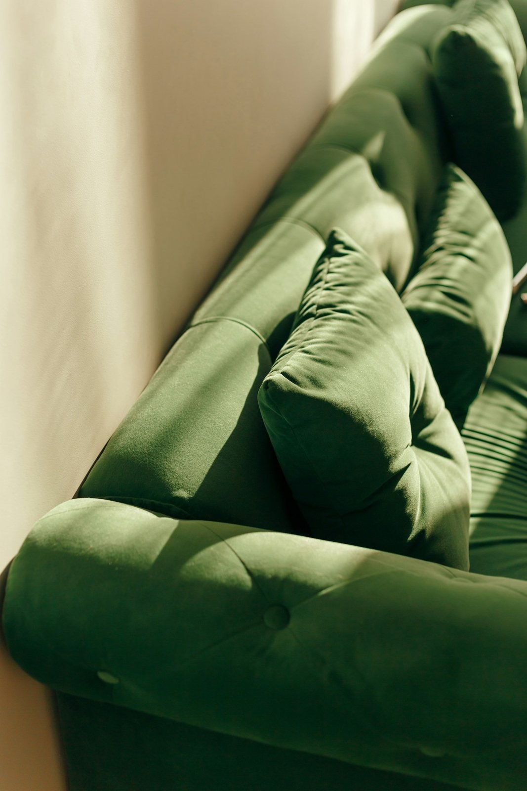Detalhe de sofá de veludo verde capitonê com almofada, iluminado pela luz da janela