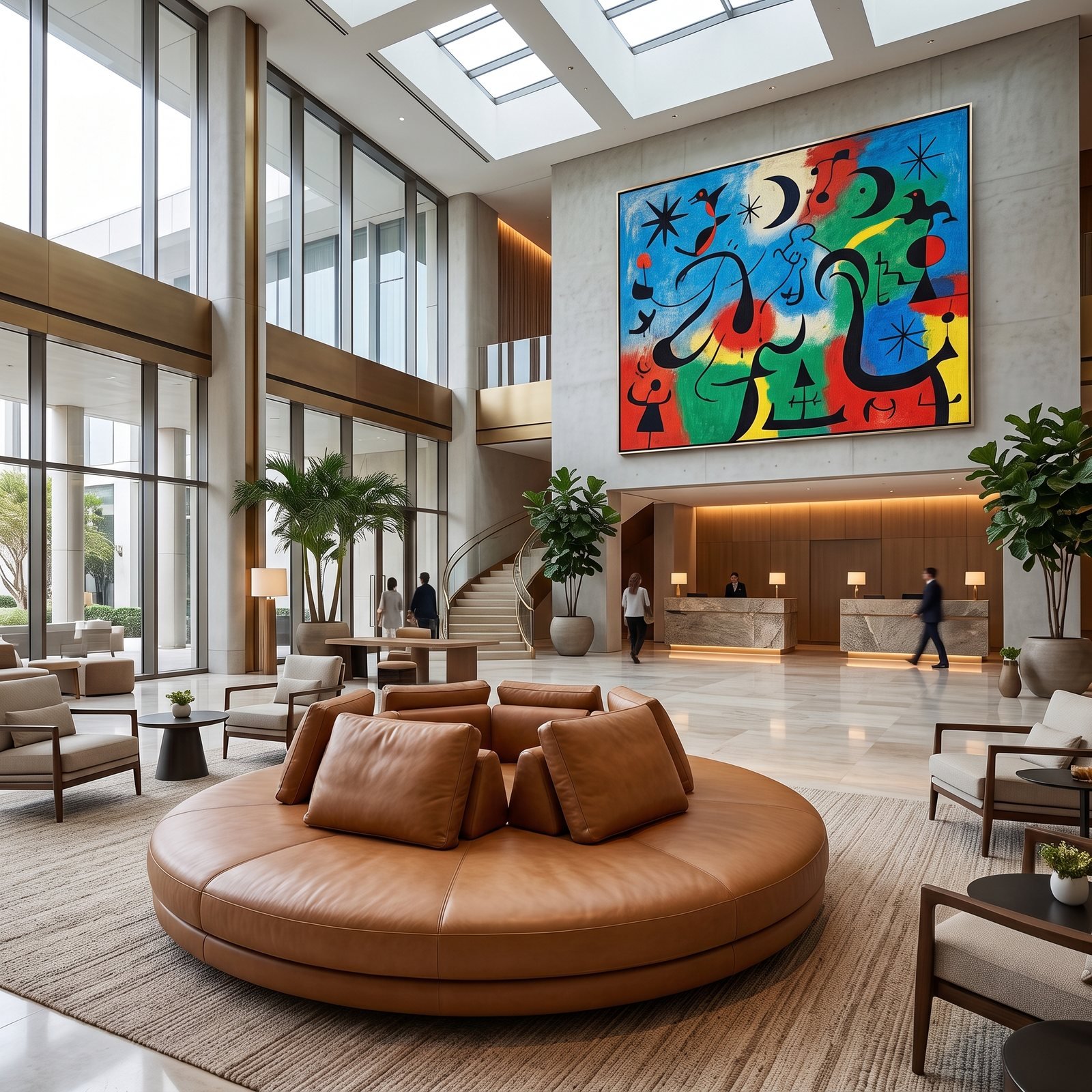 Banco estofado redondo em couro caramelo no centro de um lobby de hotel com pé-direito duplo e um grande quadro colorido na parede