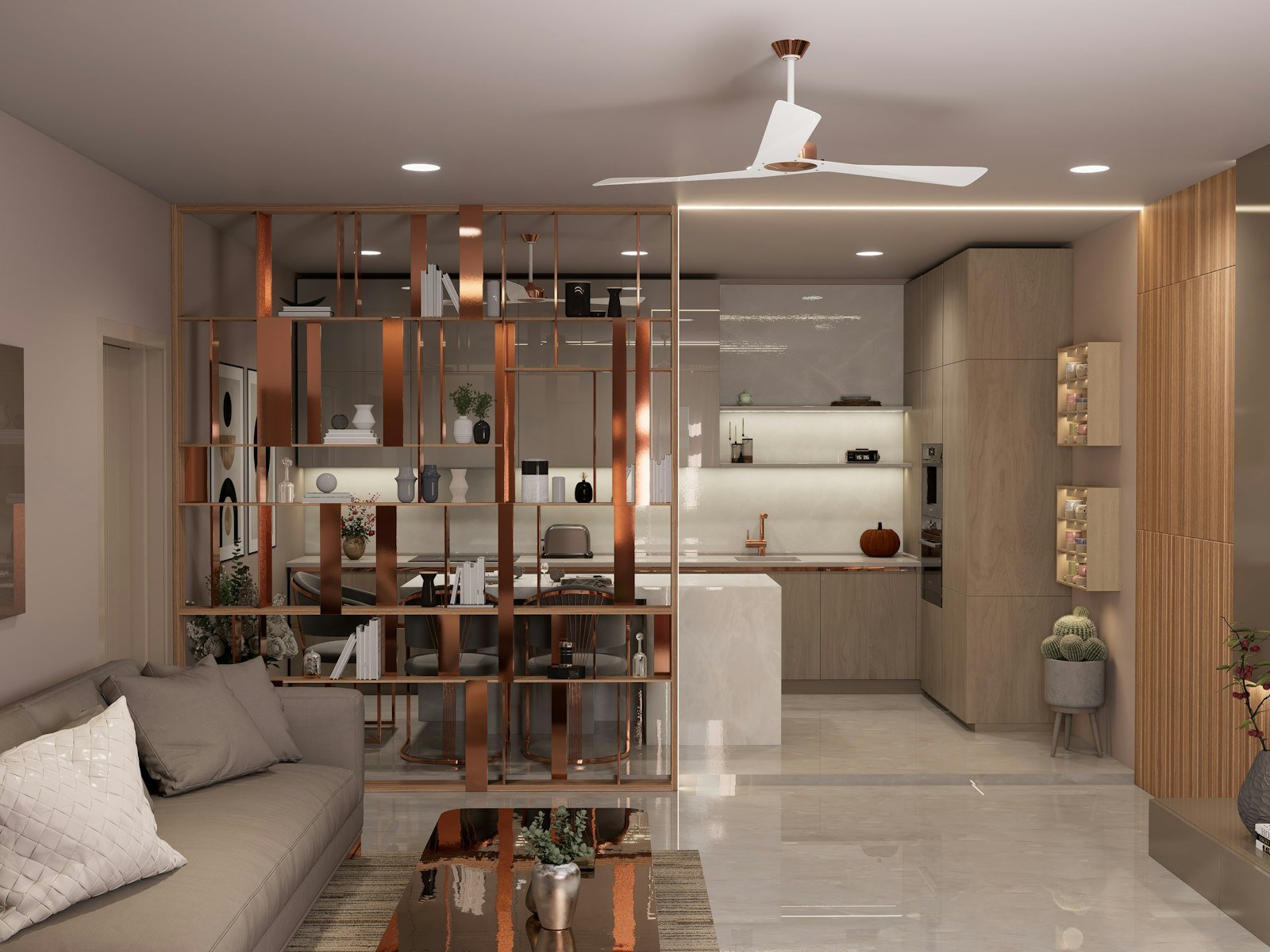 Sala de estar moderna de apartamento pequeno integrada à cozinha, com divisória e paleta neutra