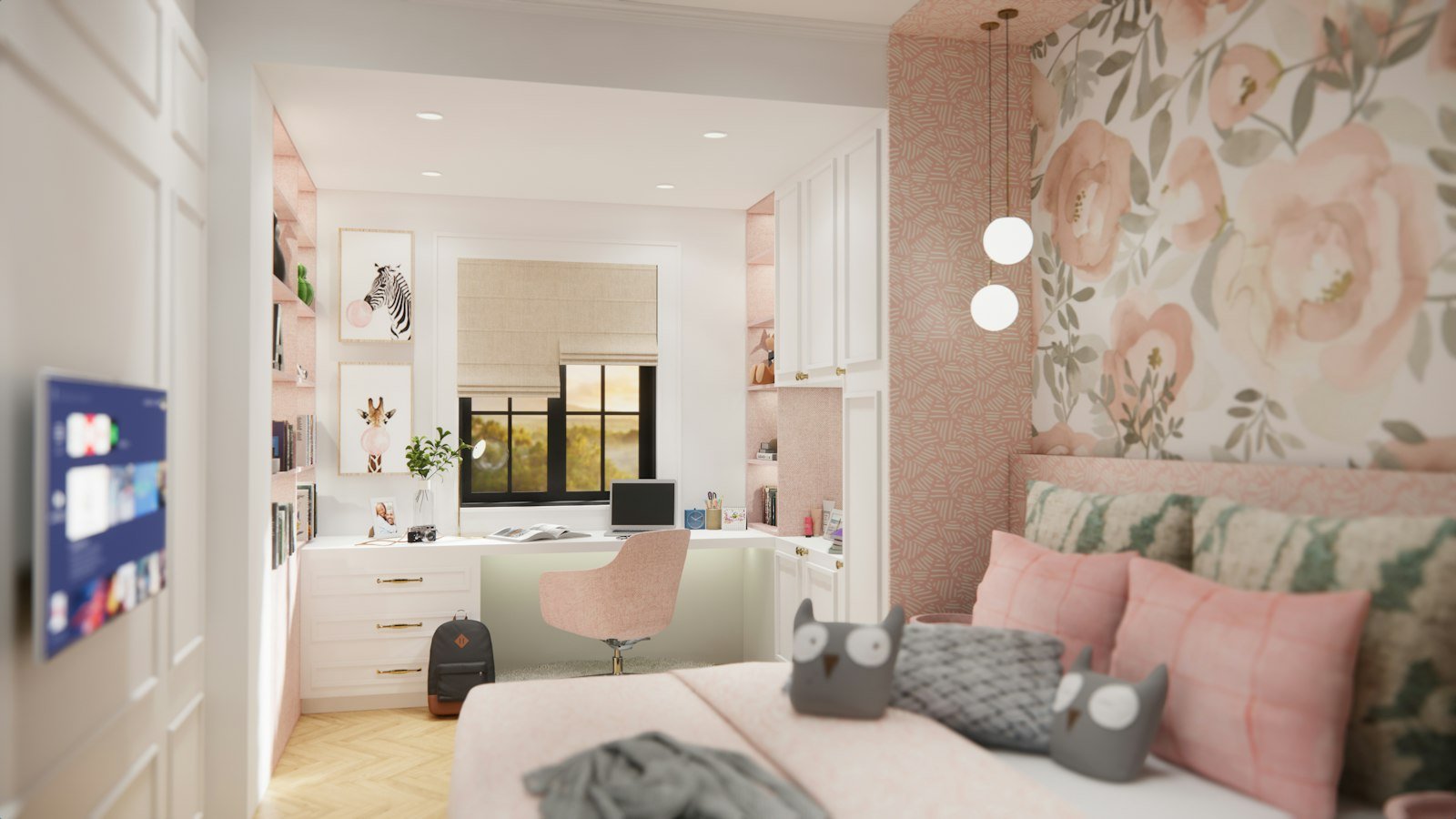 Quarto pequeno com cama, mesa de trabalho e cadeira