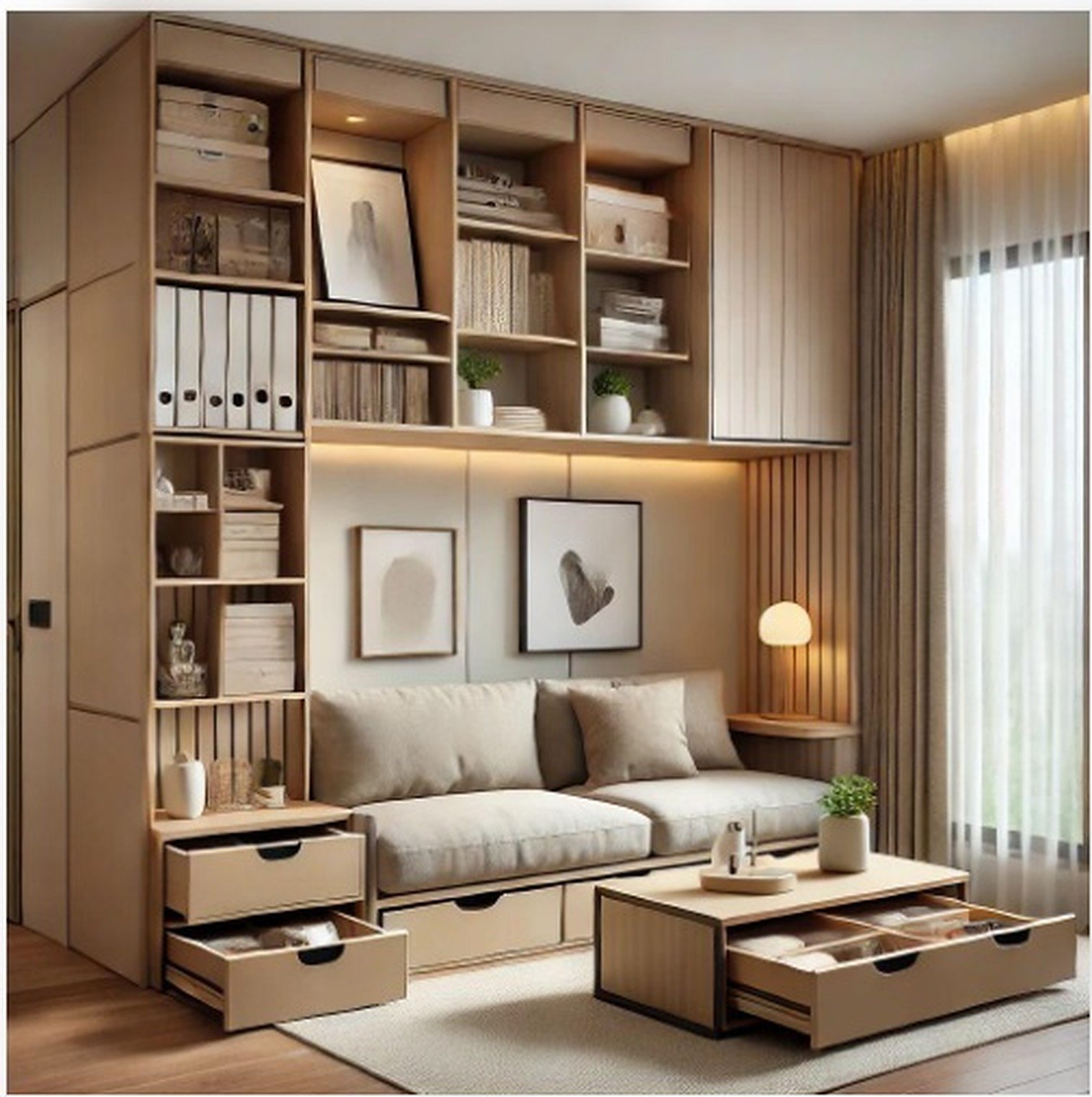Sala de apartamento pequeno com estante planejada de madeira do piso ao teto, sofá cinza com gavetas embaixo e mesa de centro com gavetas abertas