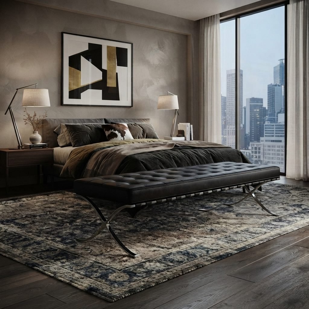 Banco Barcelona em couro preto capitonê posicionado aos pés da cama, sobre tapete, num quarto de casal com janela ampla.