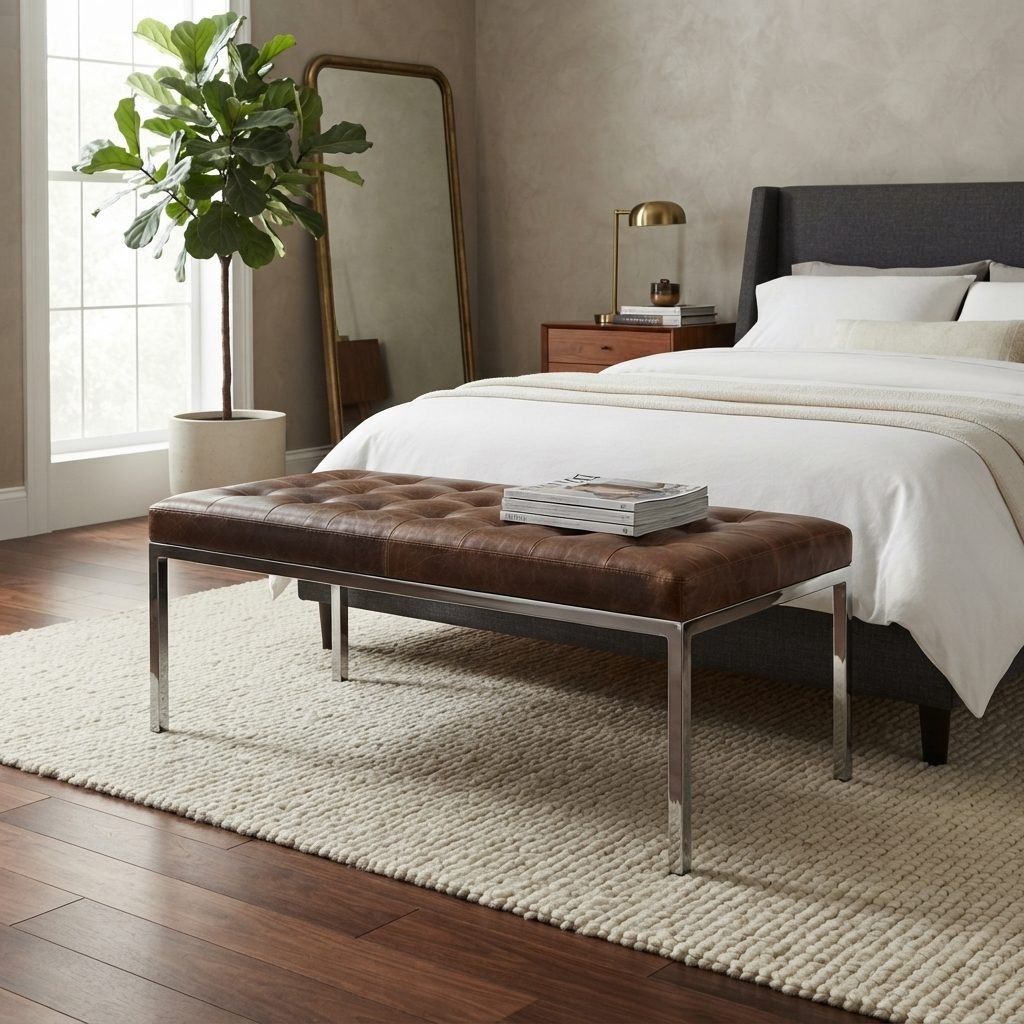 Banco FK em couro caramelo aos pés da cama num quarto aconchegante, com espelho e planta ao lado da janela.