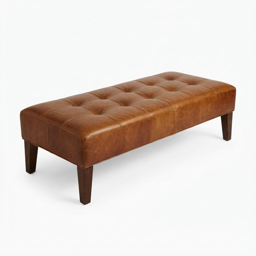 Banco PU 130 em couro caramelo com capitonê diamante e pés retos em madeira escura, vista de três quartos.
