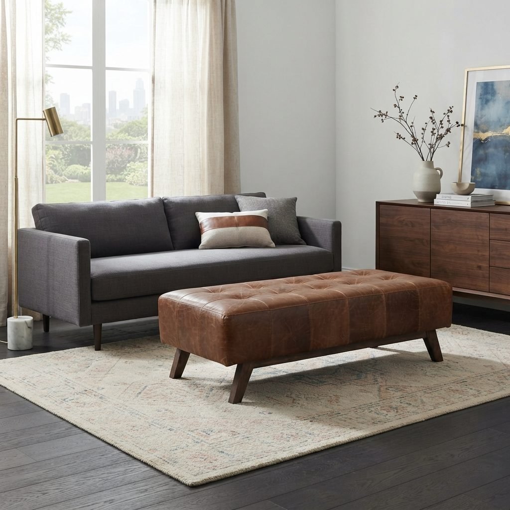 Banco PU 131 em couro marrom usado como mesa de centro numa sala de estar com sofa cinza e luminaria de piso dourada.