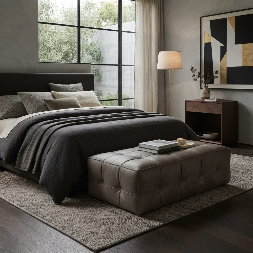 Banco Roma em couro cinza-grafite aos pes de uma cama num quarto com luminaria de piso e quadro geometrico na parede.