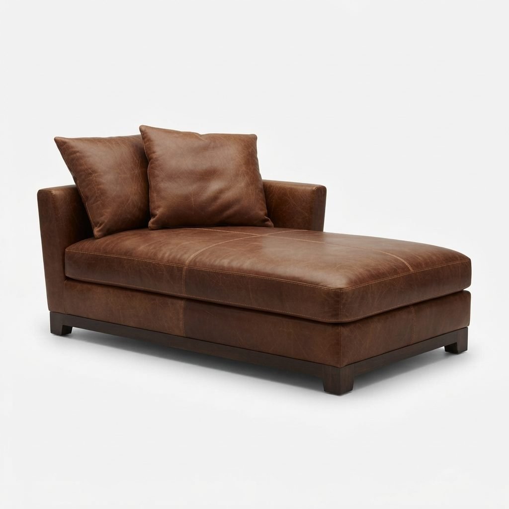 Chaise CH 303 em couro marrom, com duas almofadas soltas no encosto e base em madeira escura, vista de três quartos.