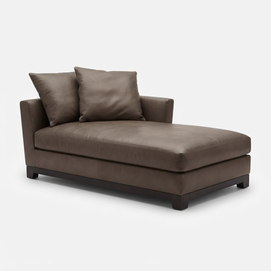 Chaise CH 303 em couro taupe acinzentado, com almofadas soltas e base em madeira escura, vista de três quartos em fundo branco.